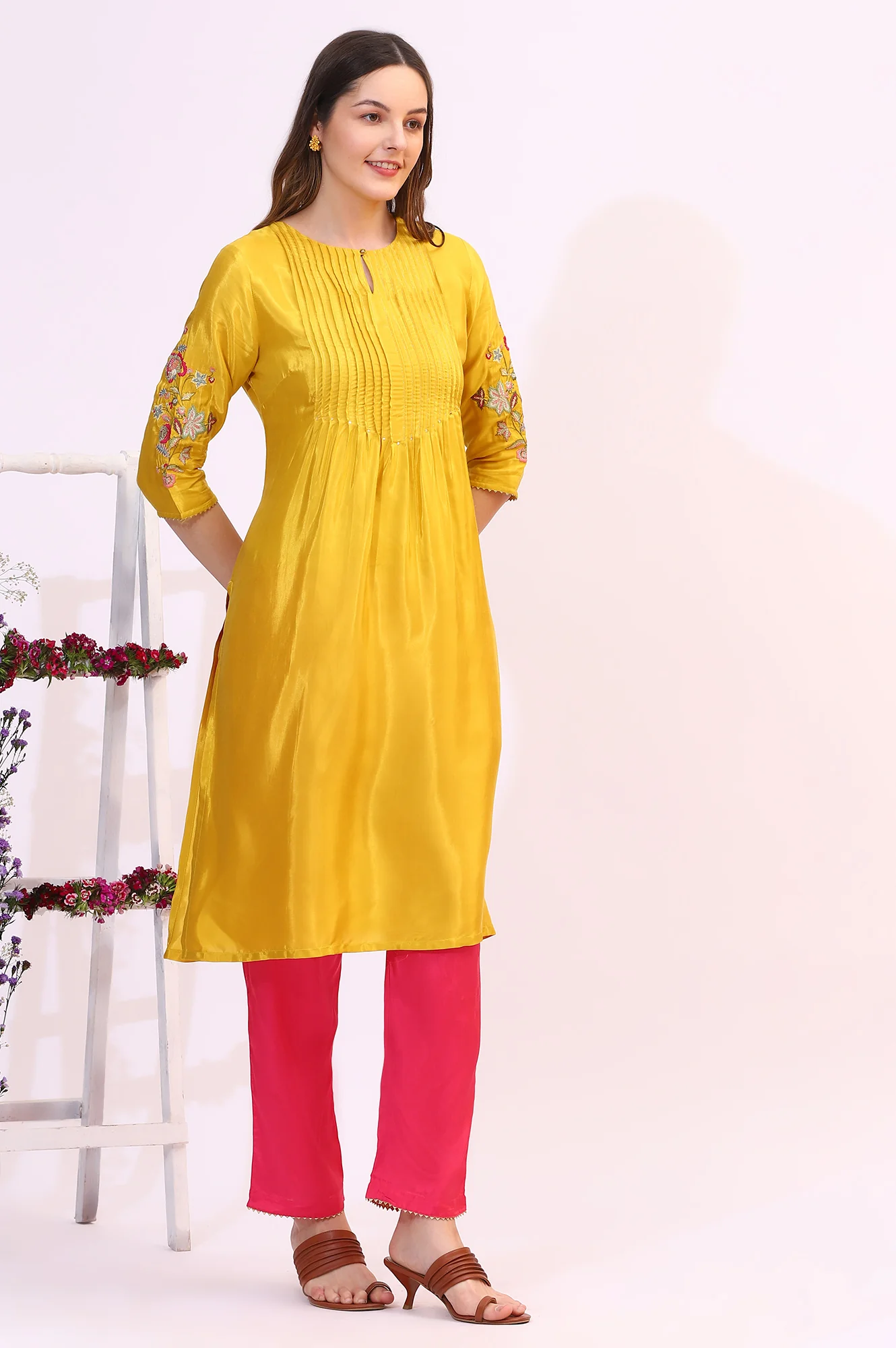 Yellow Embroidered Shantung Straight Kurta - Image 7