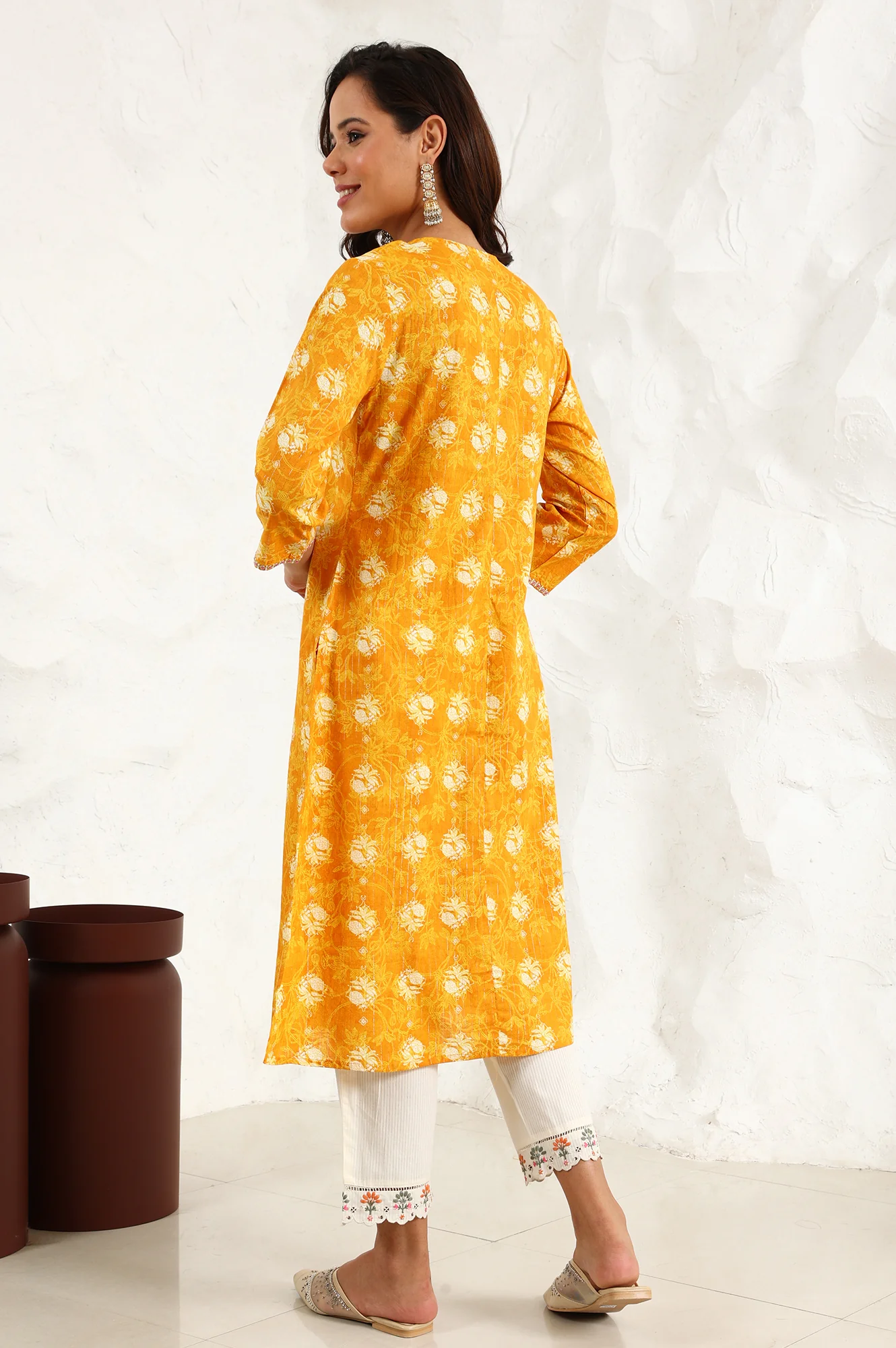 Marigold Yellow Floral Printed Metallic Embroidered Neck Cotton Blend Straight Kurta - Image 5