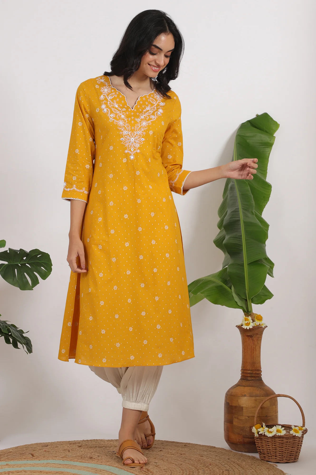 Marigold Yellow Printed Cotton Lurex Dobby Flared Kurta with Embroidered Yoke - Image 2