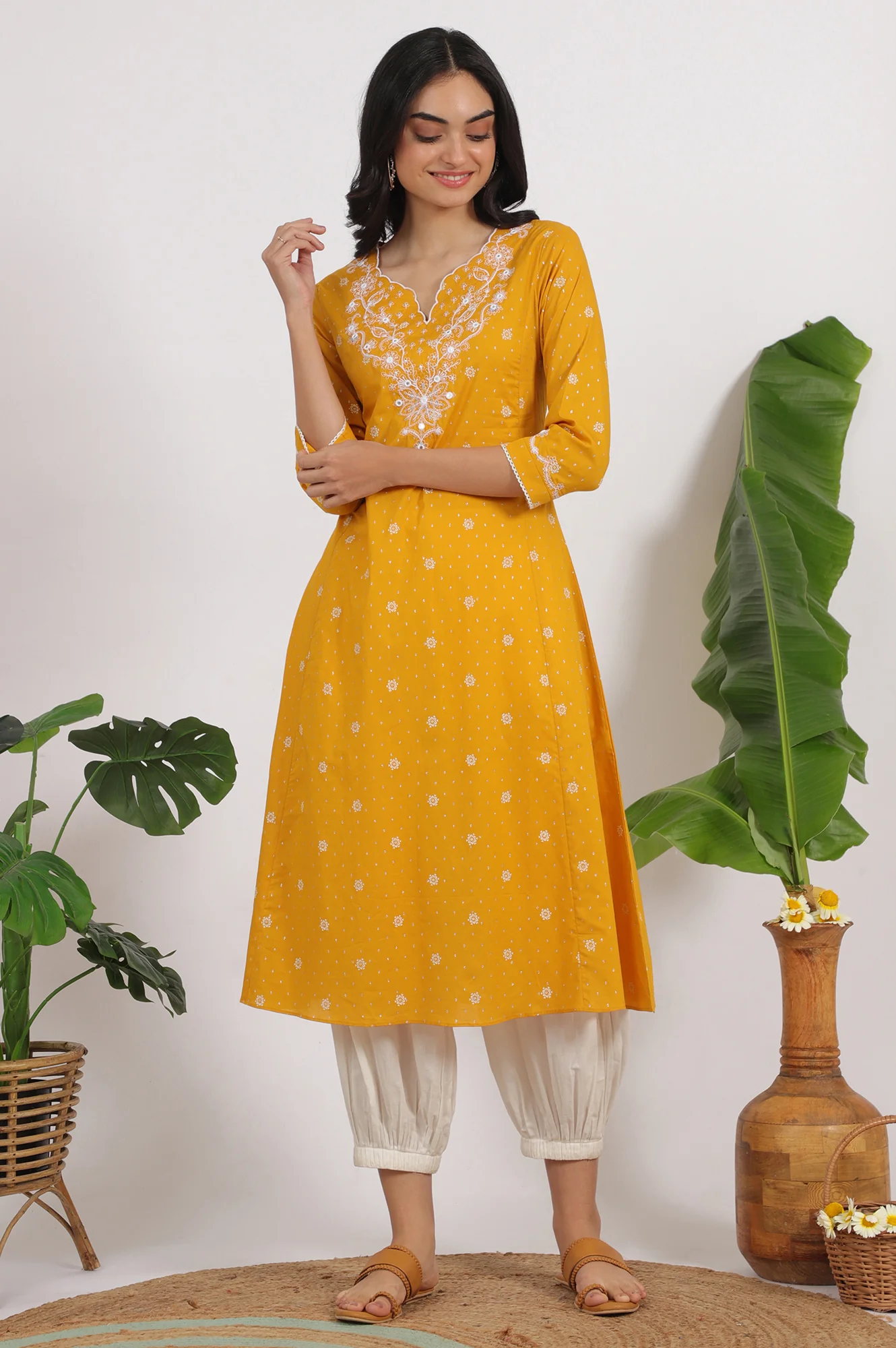 Marigold Yellow Printed Cotton Lurex Dobby Flared Kurta with Embroidered Yoke - Image 3