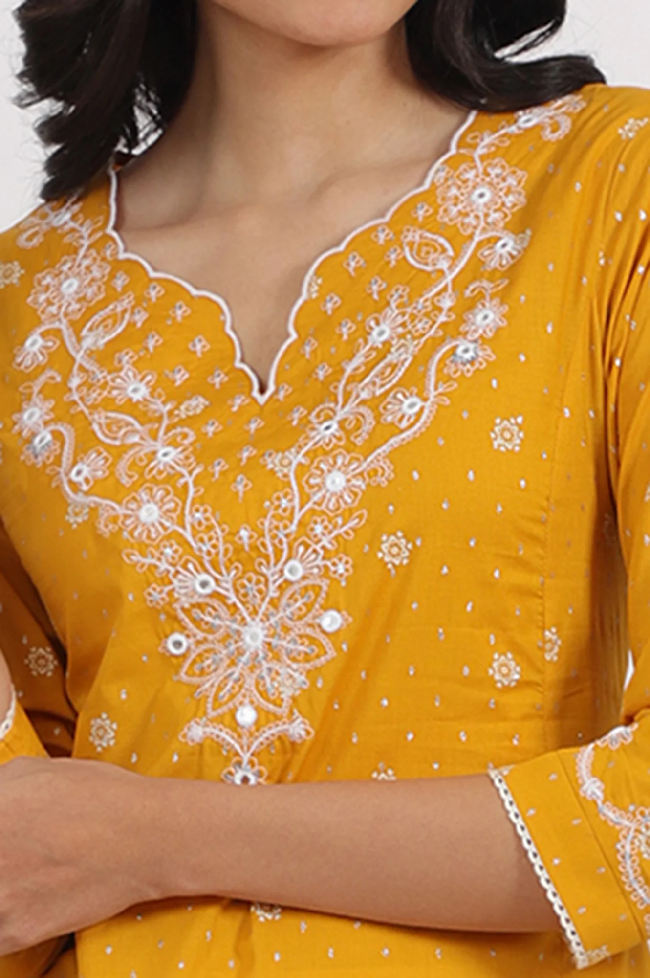 Marigold Yellow Printed Cotton Lurex Dobby Flared Kurta with Embroidered Yoke - Image 4