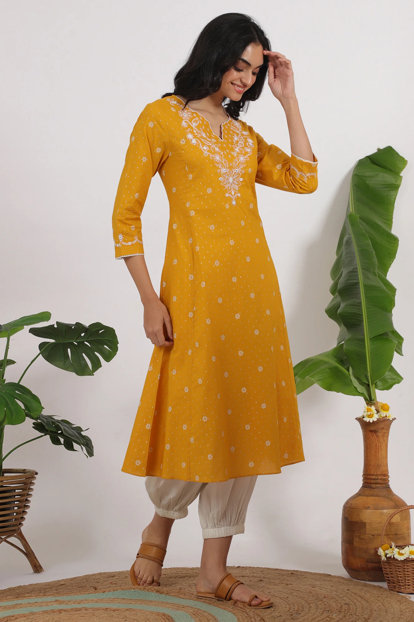Marigold Yellow Printed Cotton Lurex Dobby Flared Kurta with Embroidered Yoke - Image 7