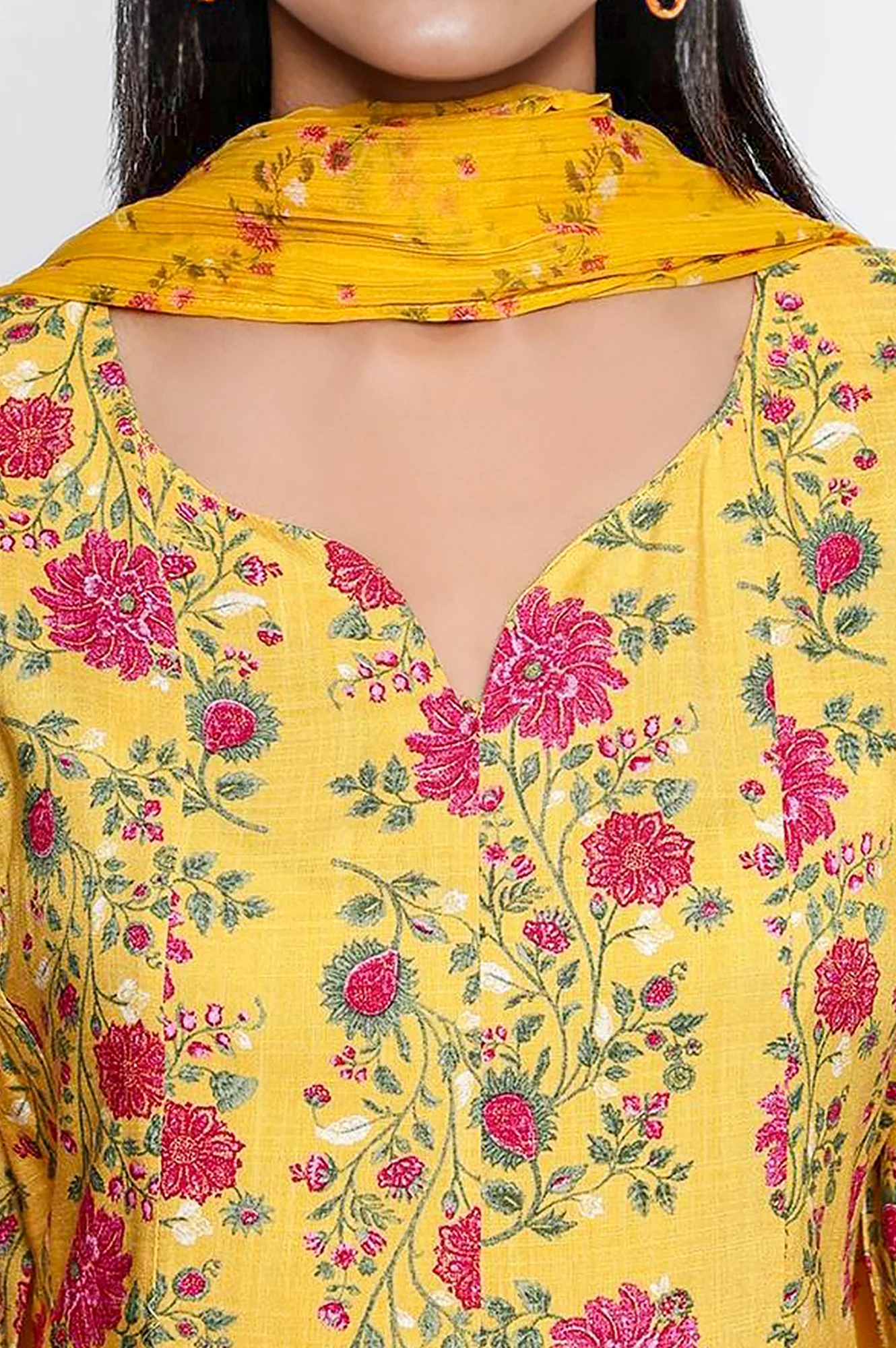 Marigold Yellow Printed Rayon Flared Kurta, Straight Pant and Dupatta Set - Image 2