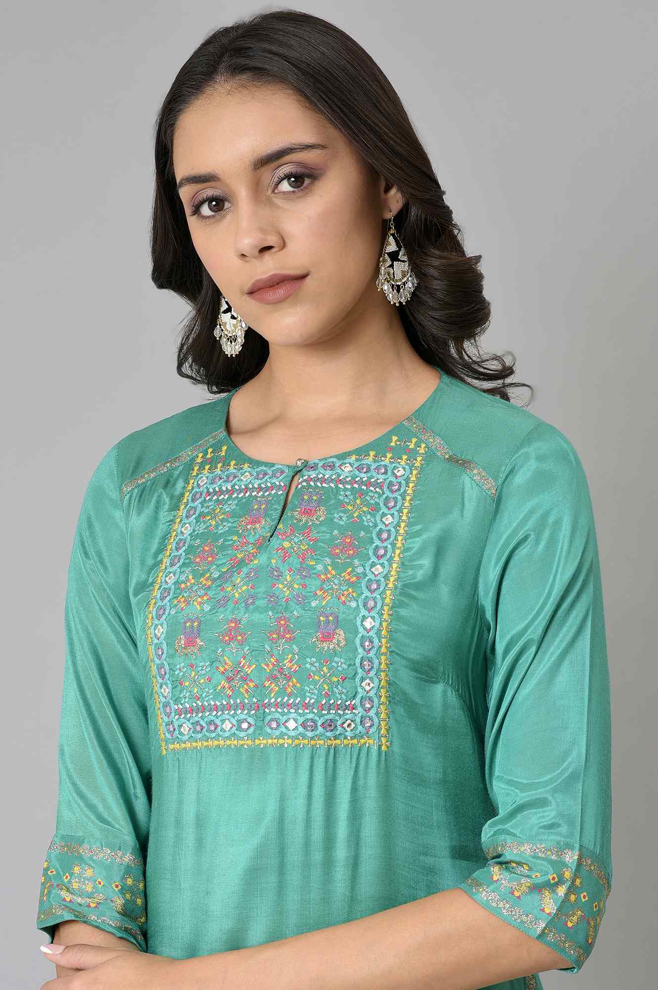 Marine Green Embroidered and Mirror work Kurta - Image 6