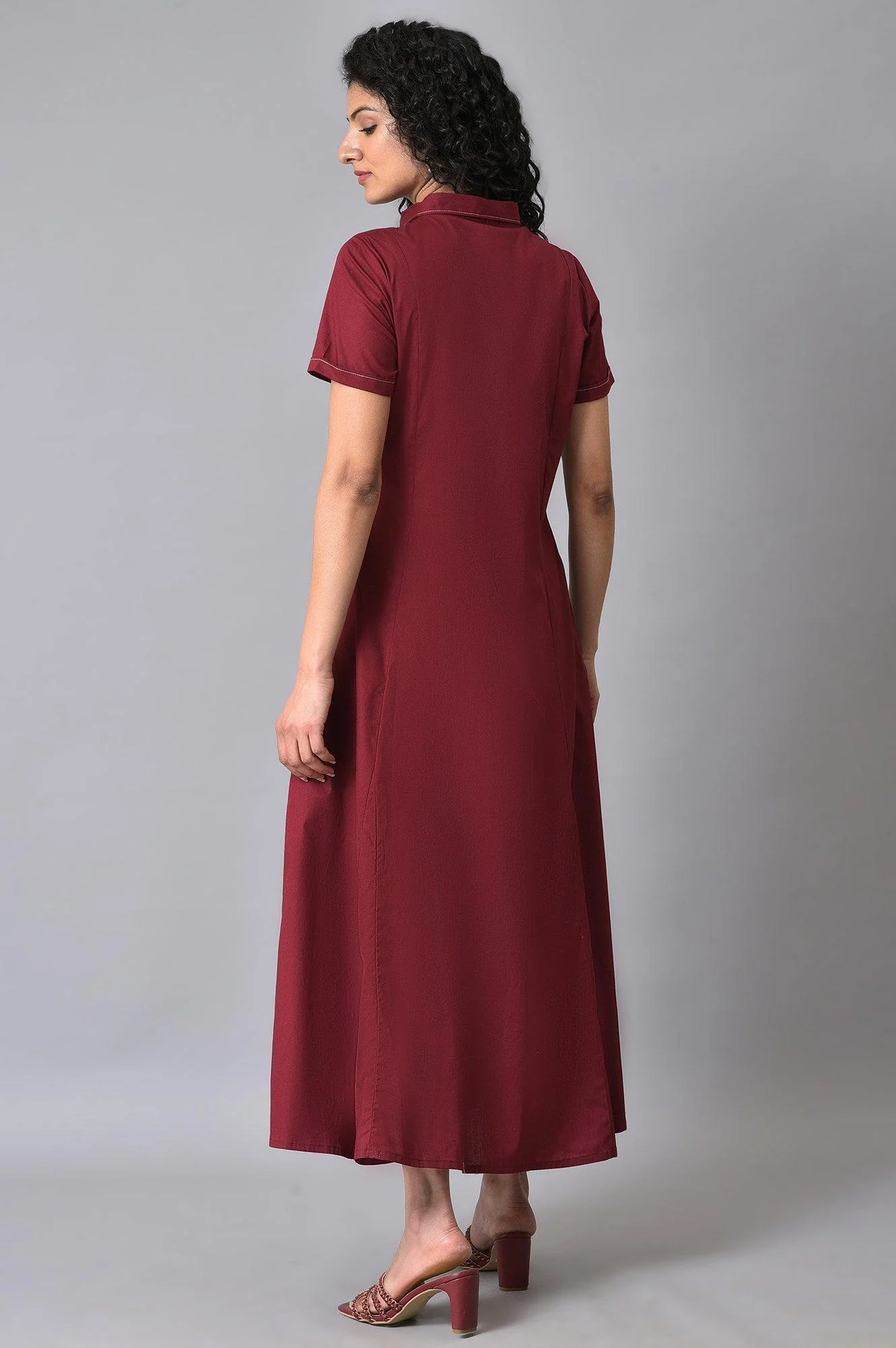 Maroon Cotton Western Summer Shirt Dress for Women - Image 3