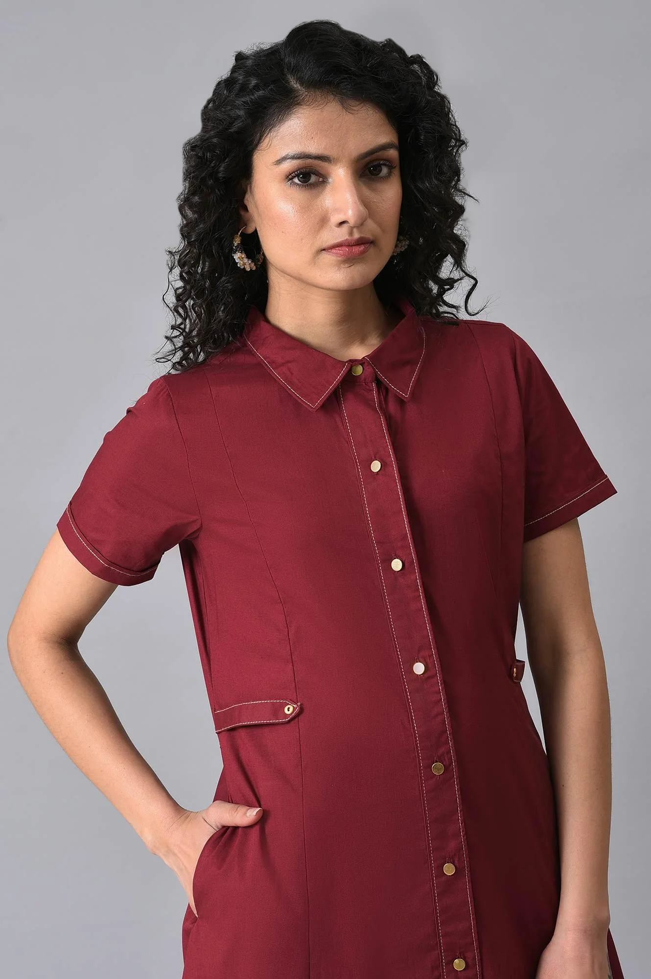 Maroon Cotton Western Summer Shirt Dress for Women - Image 6