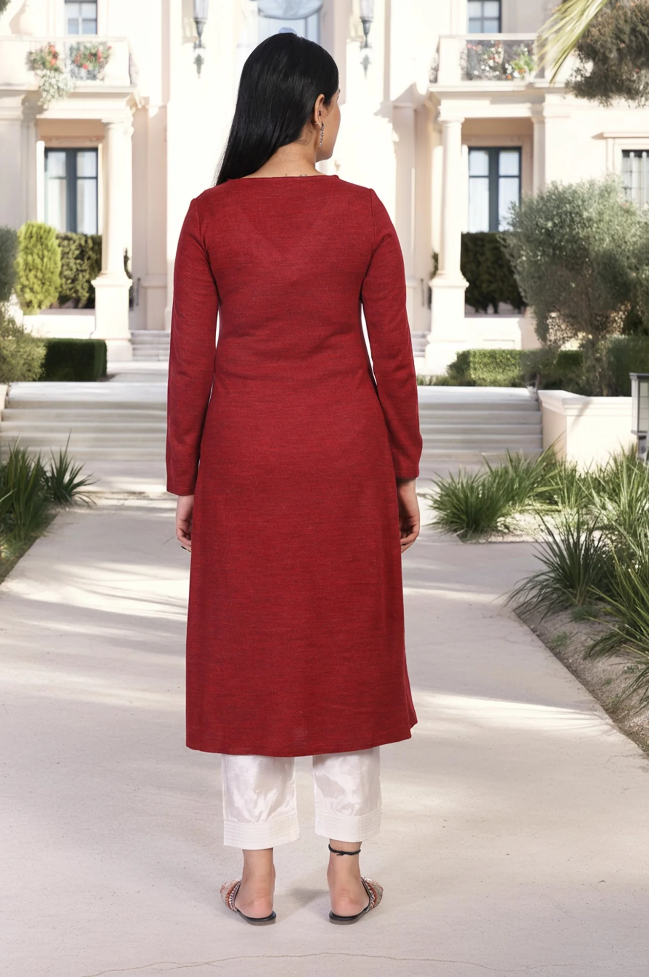 Maroon Embroidered A-Line Acrylic Winter Kurta - Image 5