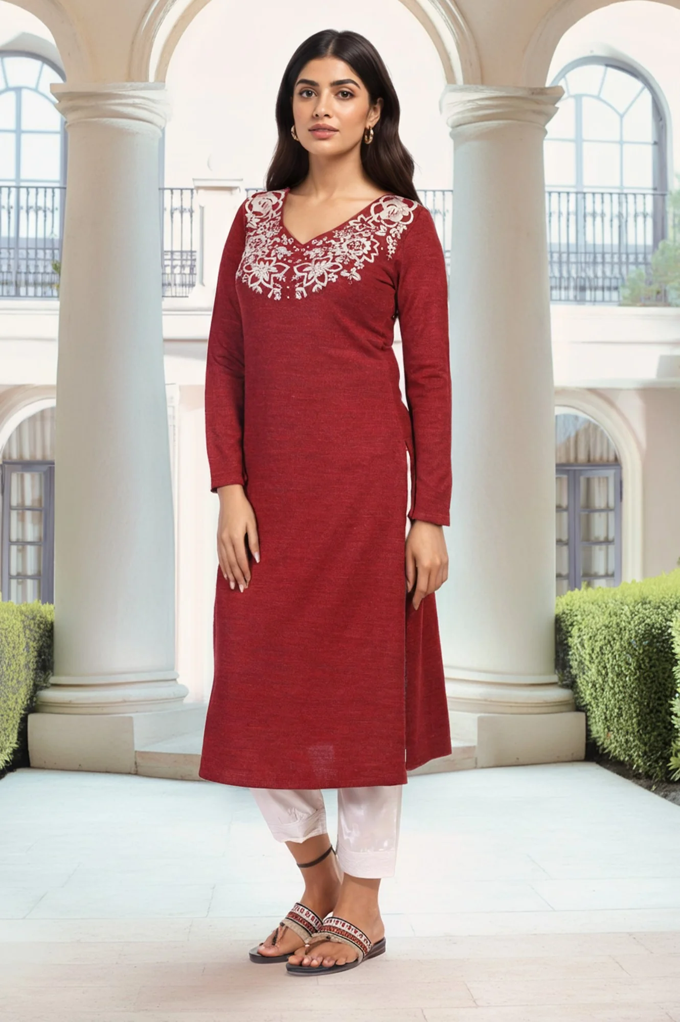 Maroon Embroidered A-Line Acrylic Winter Kurta - Image 6