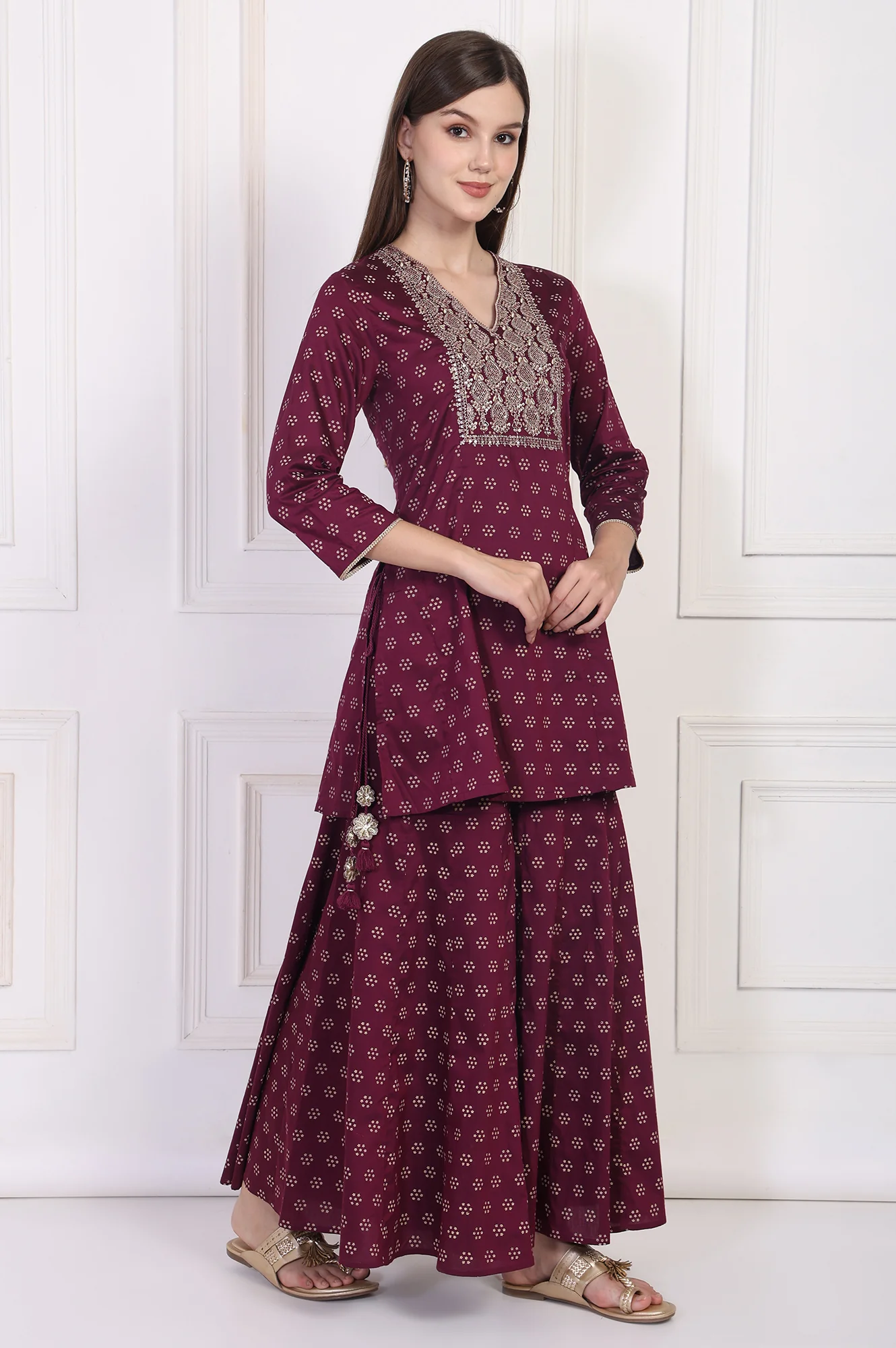 Maroon Embroidered A-Line Rayon Kurta with Sharara and Dupatta Set - Image 7