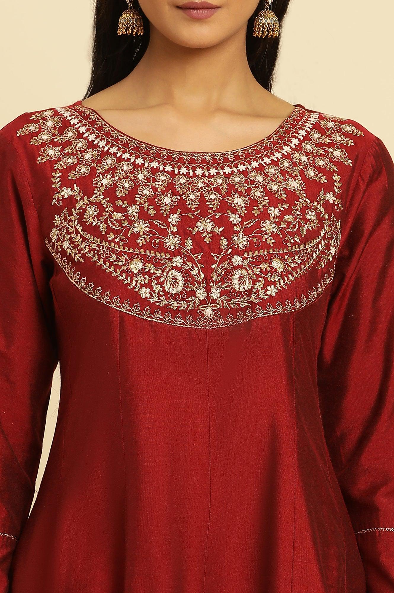 Maroon Embroidered Flared Kurta - Image 6