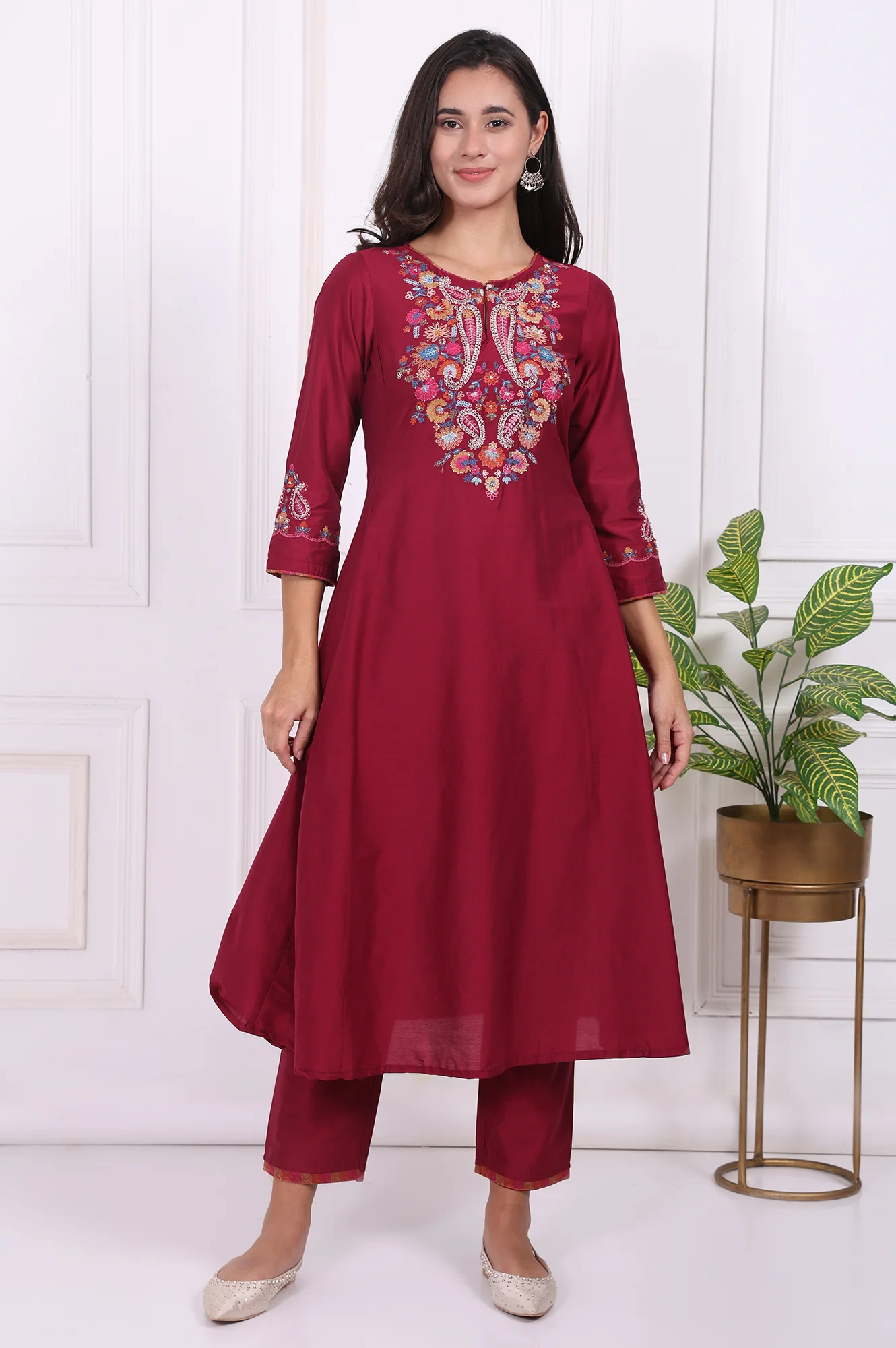 Maroon Embroidered Flared Kurta