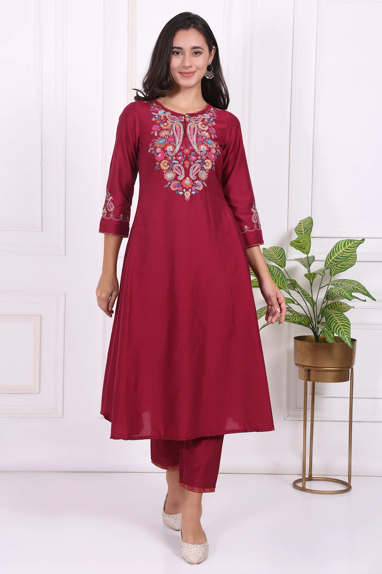 Maroon Embroidered Flared Kurta - Image 2