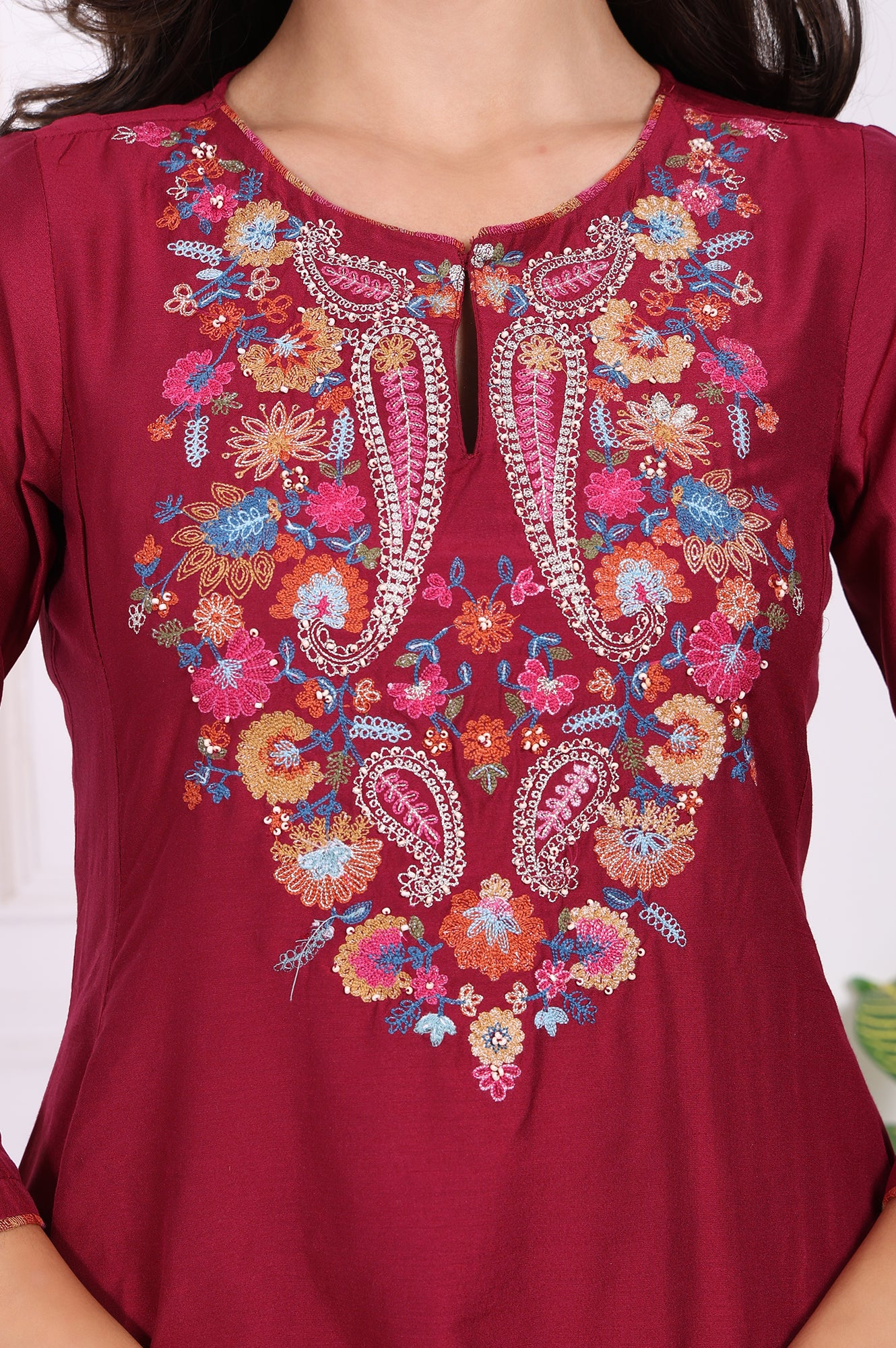 Maroon Embroidered Flared Kurta - Image 3
