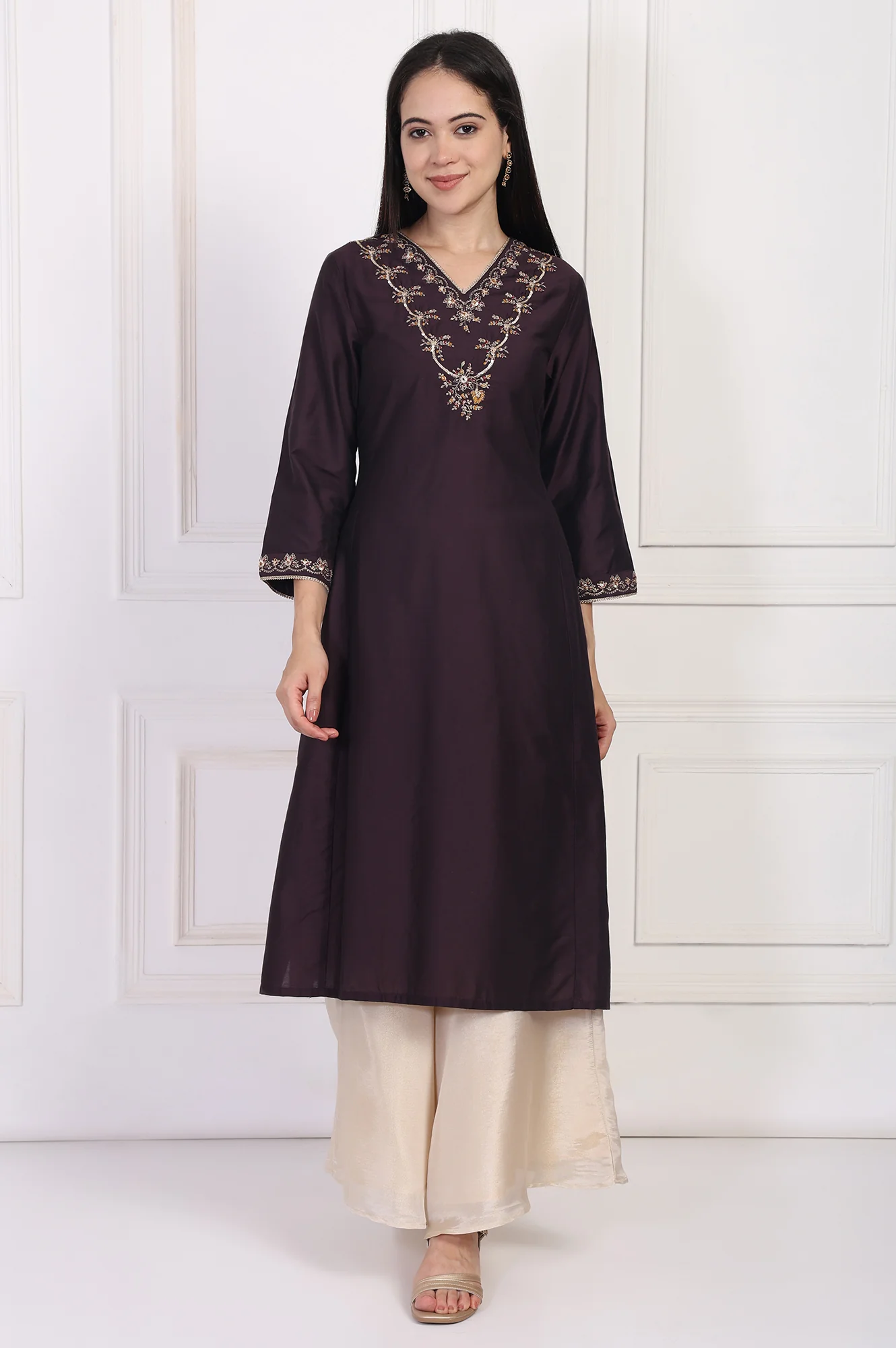 Maroon Embroidered Flared Kurta - Image 2