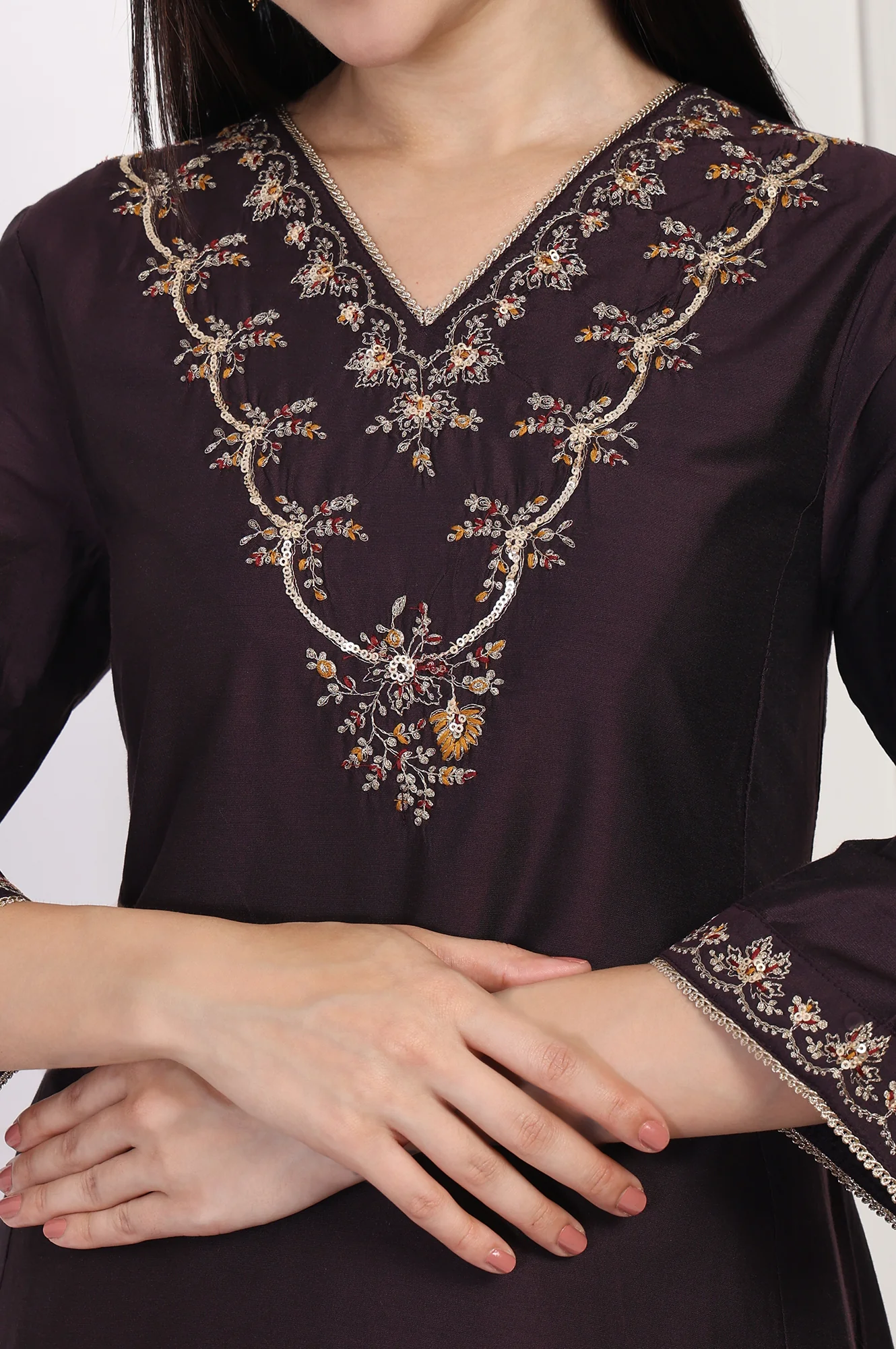 Maroon Embroidered Flared Kurta - Image 3