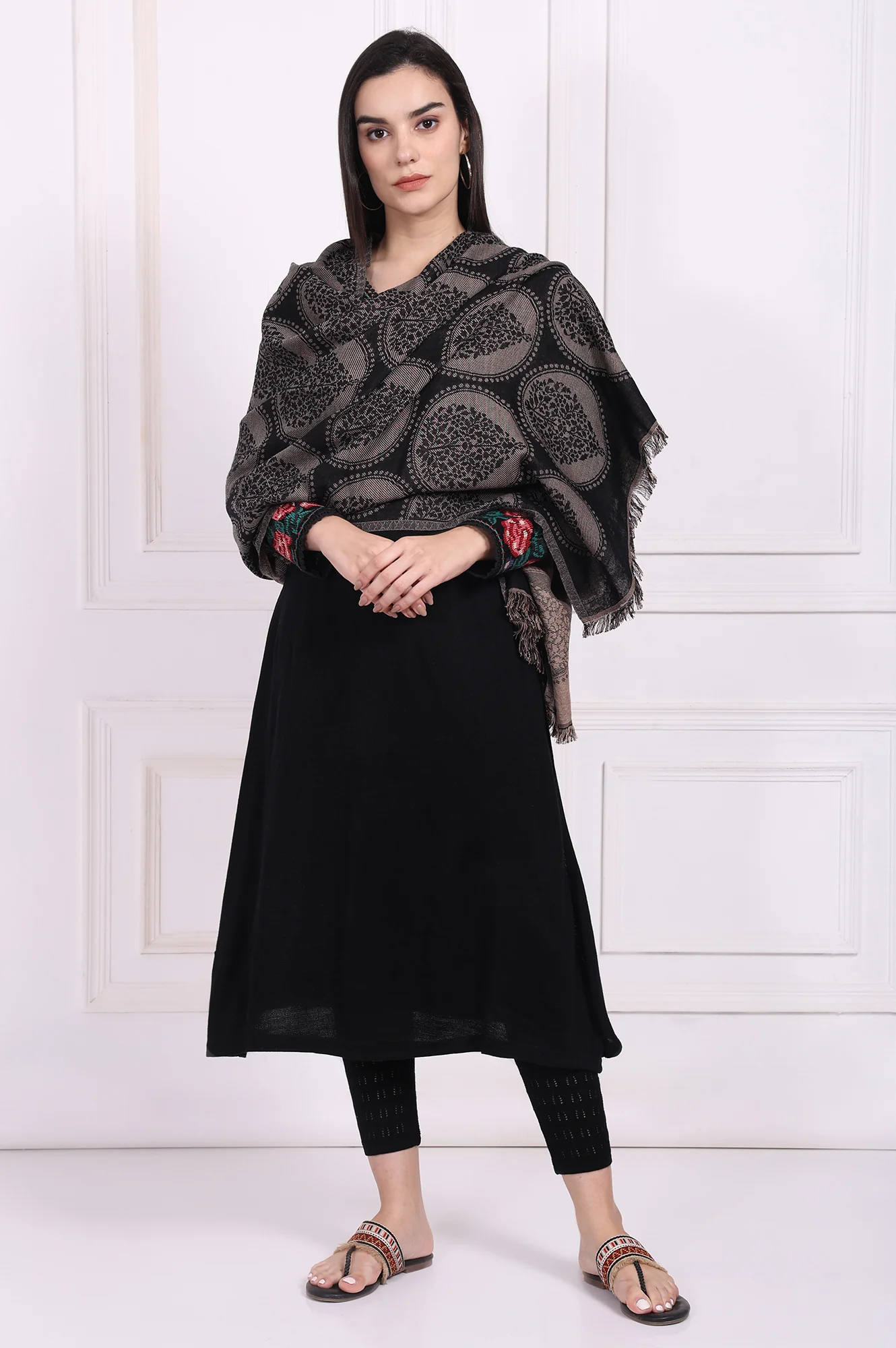 Black Ethnic Motifs Cotton Shawl - Image 4