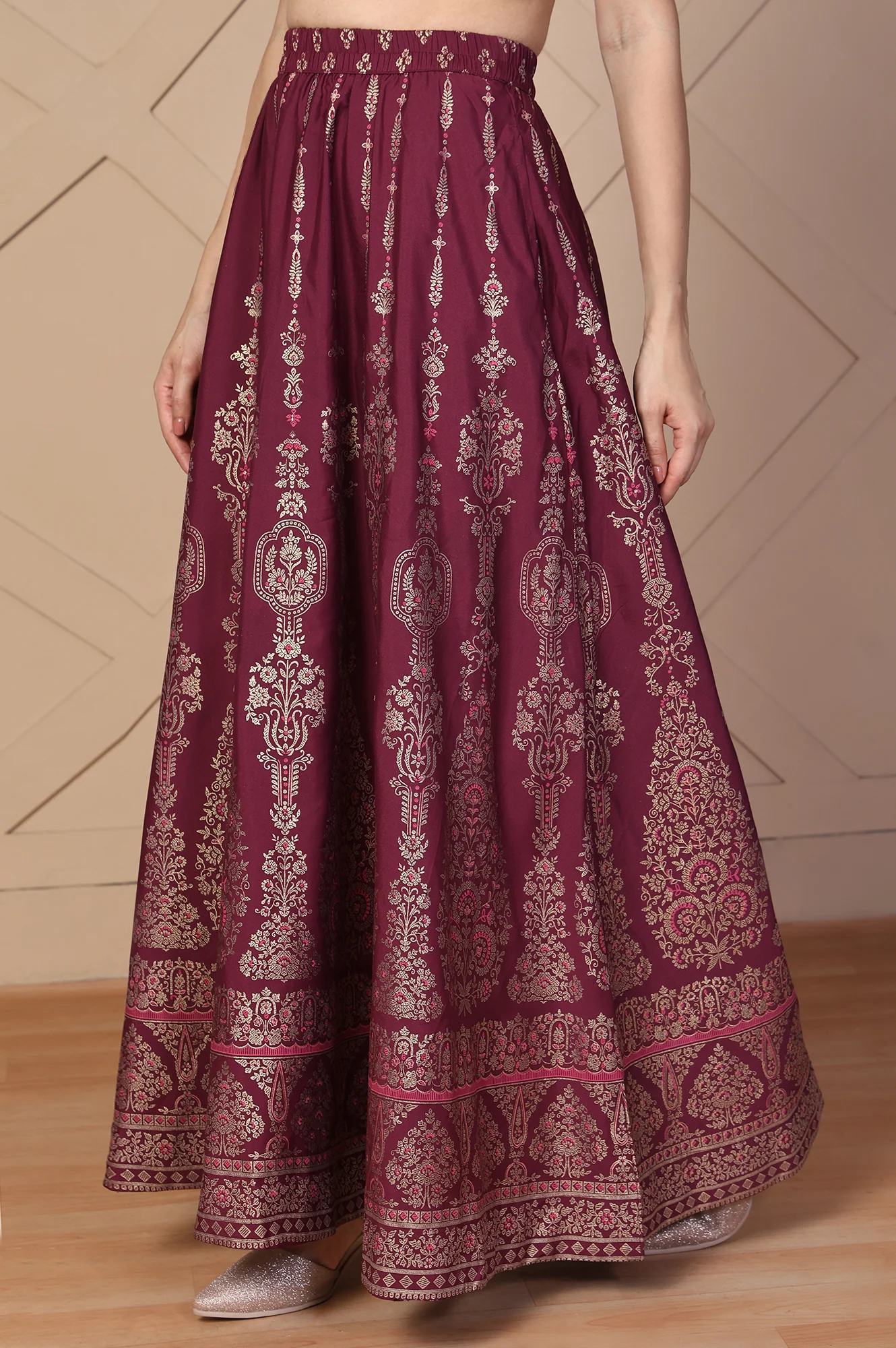 Maroon Ethnic Printed Flared Skirt - Image 2
