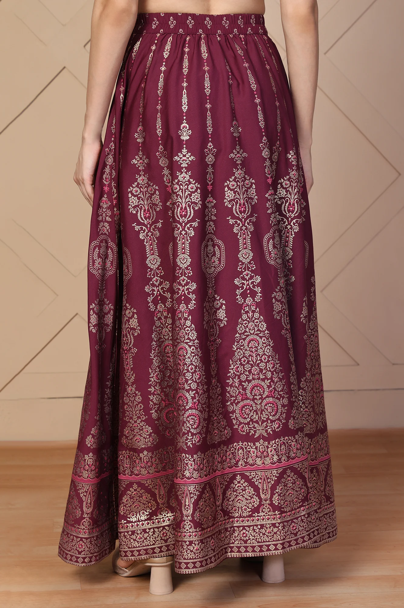 Maroon Ethnic Printed Flared Skirt - Image 4