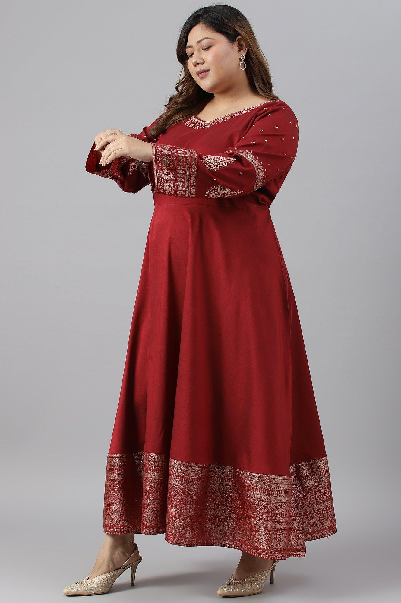 Maroon Festive Plus Size Gown With Embroidery On Neck And Sleeves - Image 4