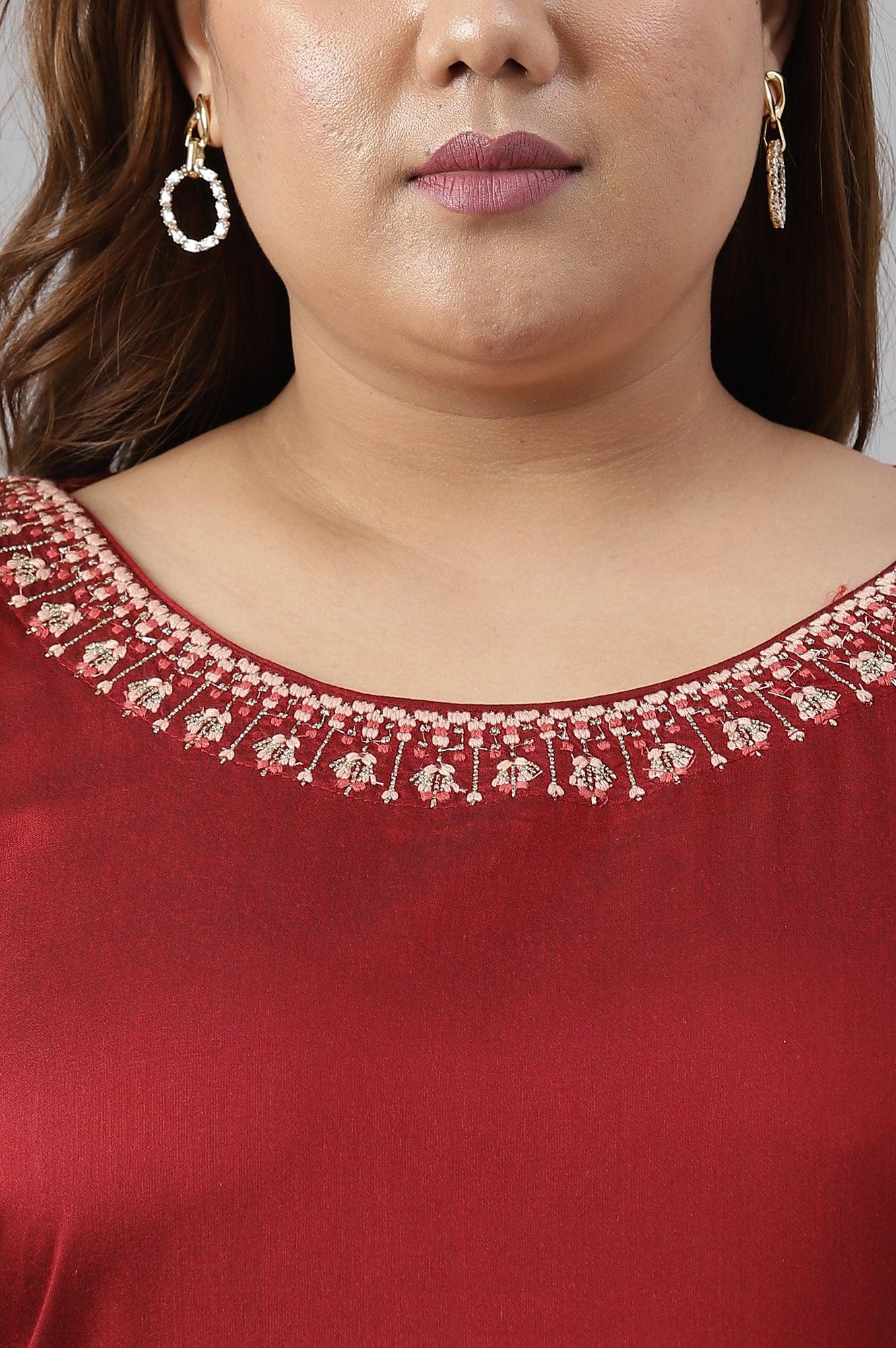 Maroon Festive Plus Size Gown With Embroidery On Neck And Sleeves - Image 5