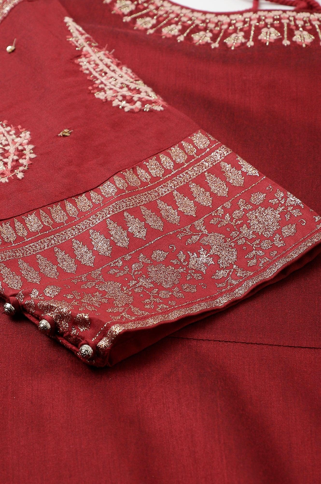 Maroon Festive Plus Size Gown With Embroidery On Neck And Sleeves - Image 8