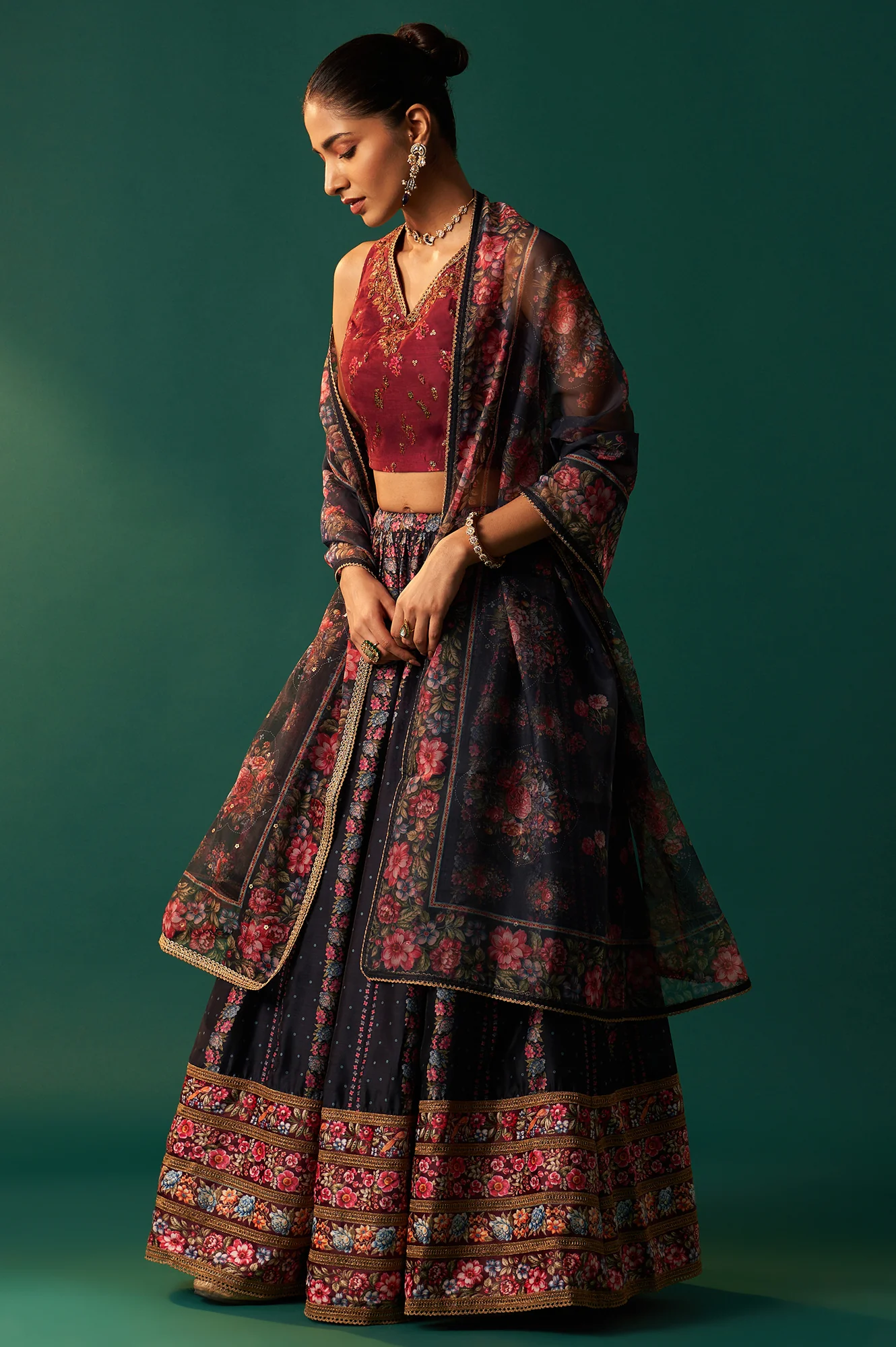Maroon Floral Printed Sequined Chanderi Blouse with Navy Flared Skirt and Dupatta Set - Image 4