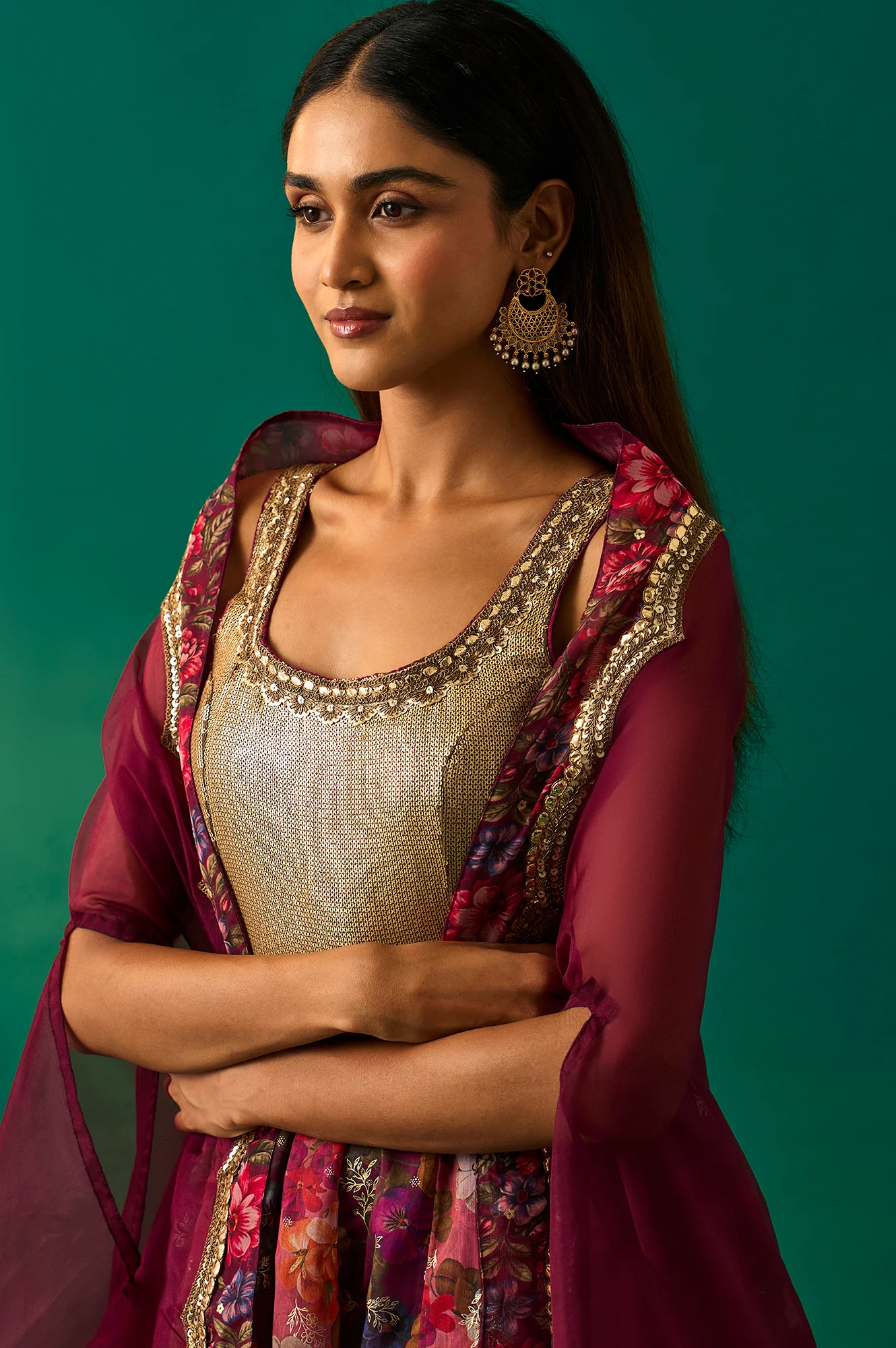 Maroon Floral Printed Embellished Anarkali Crepe Dress with Churidar and Cape Set - Image 2