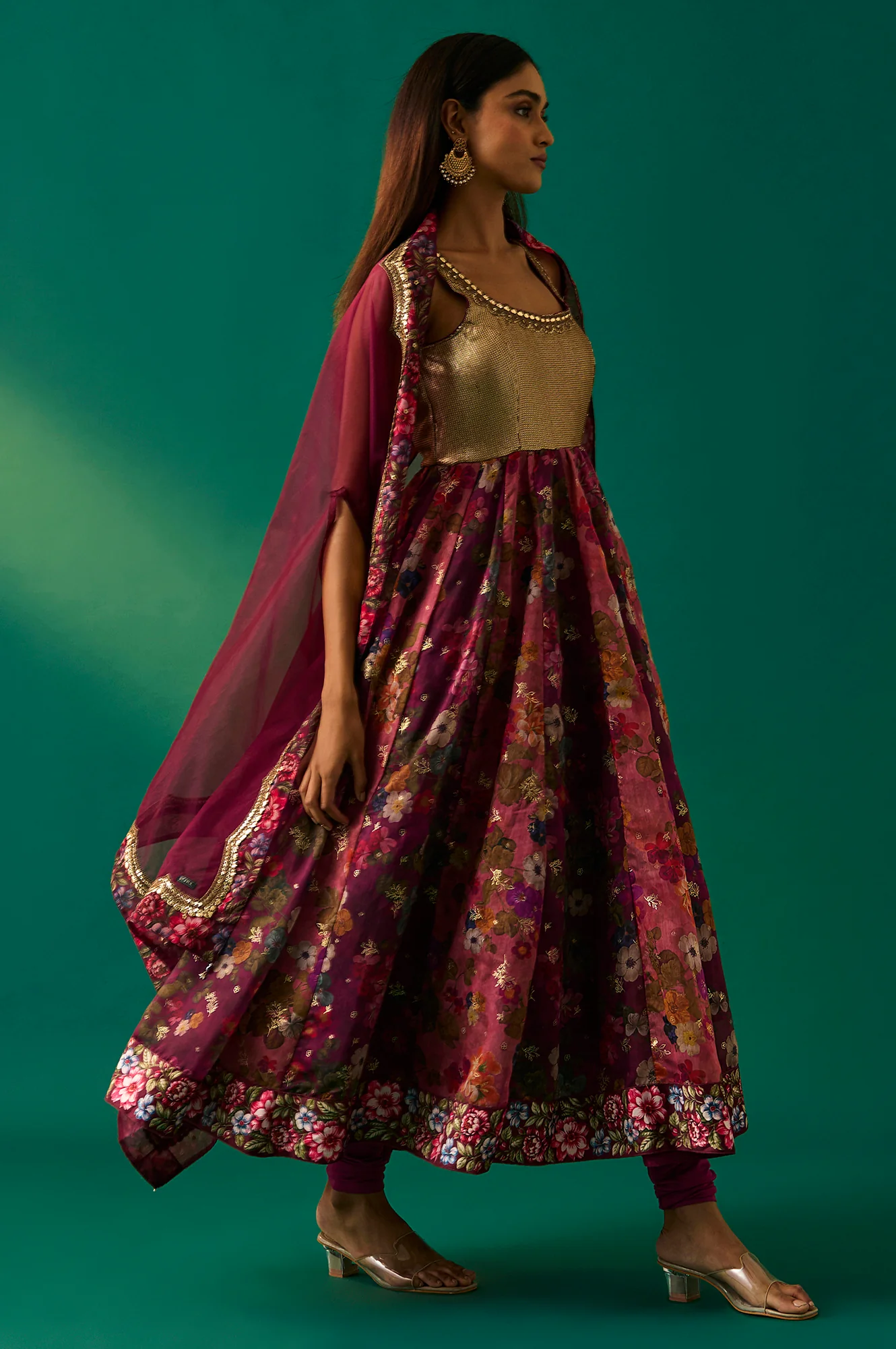 Maroon Floral Printed Embellished Anarkali Crepe Dress with Churidar and Cape Set - Image 5