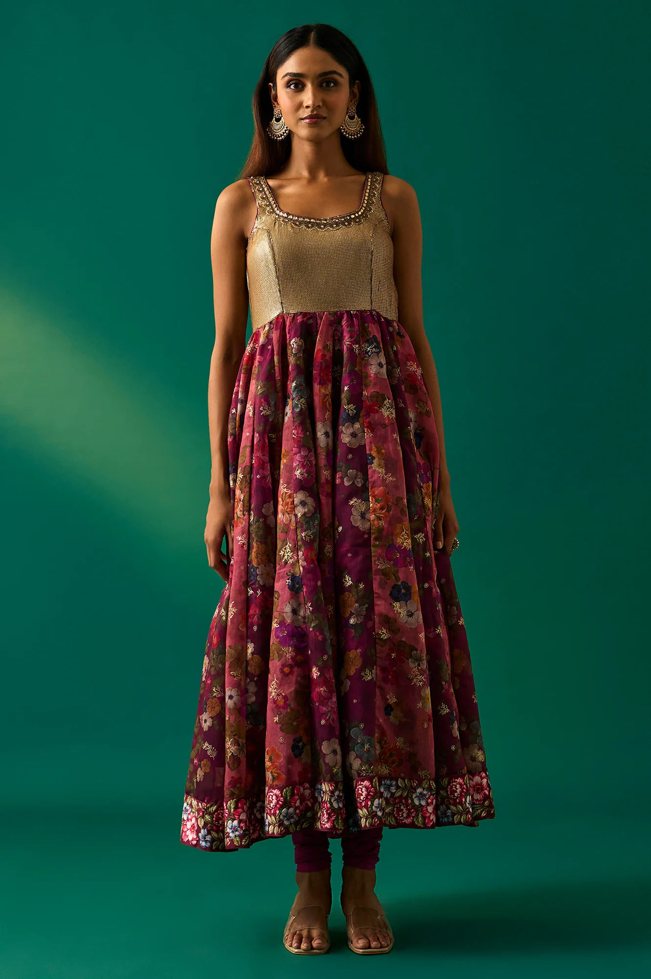 Maroon Floral Printed Embellished Anarkali Crepe Dress with Churidar and Cape Set - Image 6