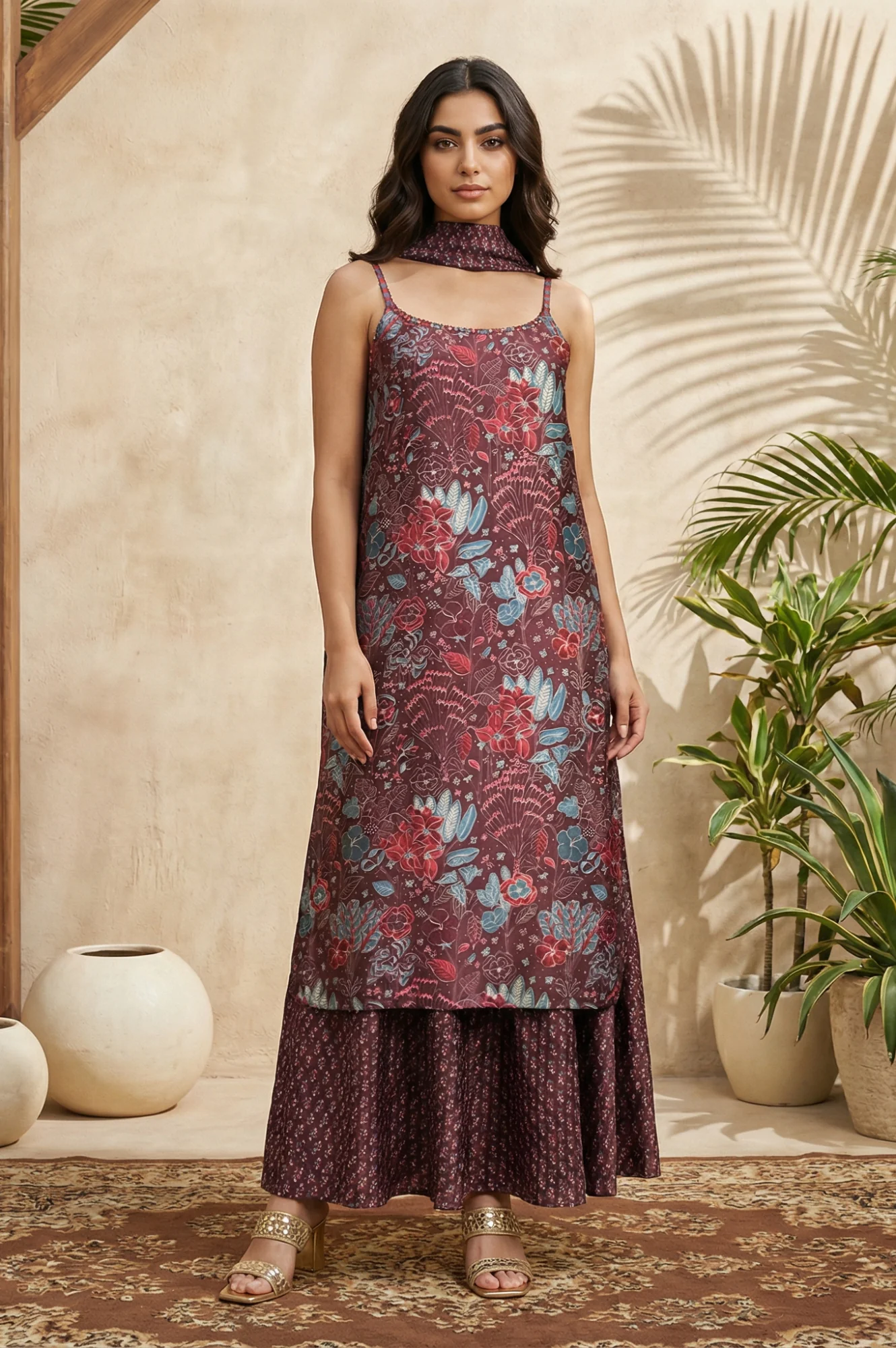 Maroon Floral Printed Japanese Satin A-line Kurta with Sharara and Dupatta Set