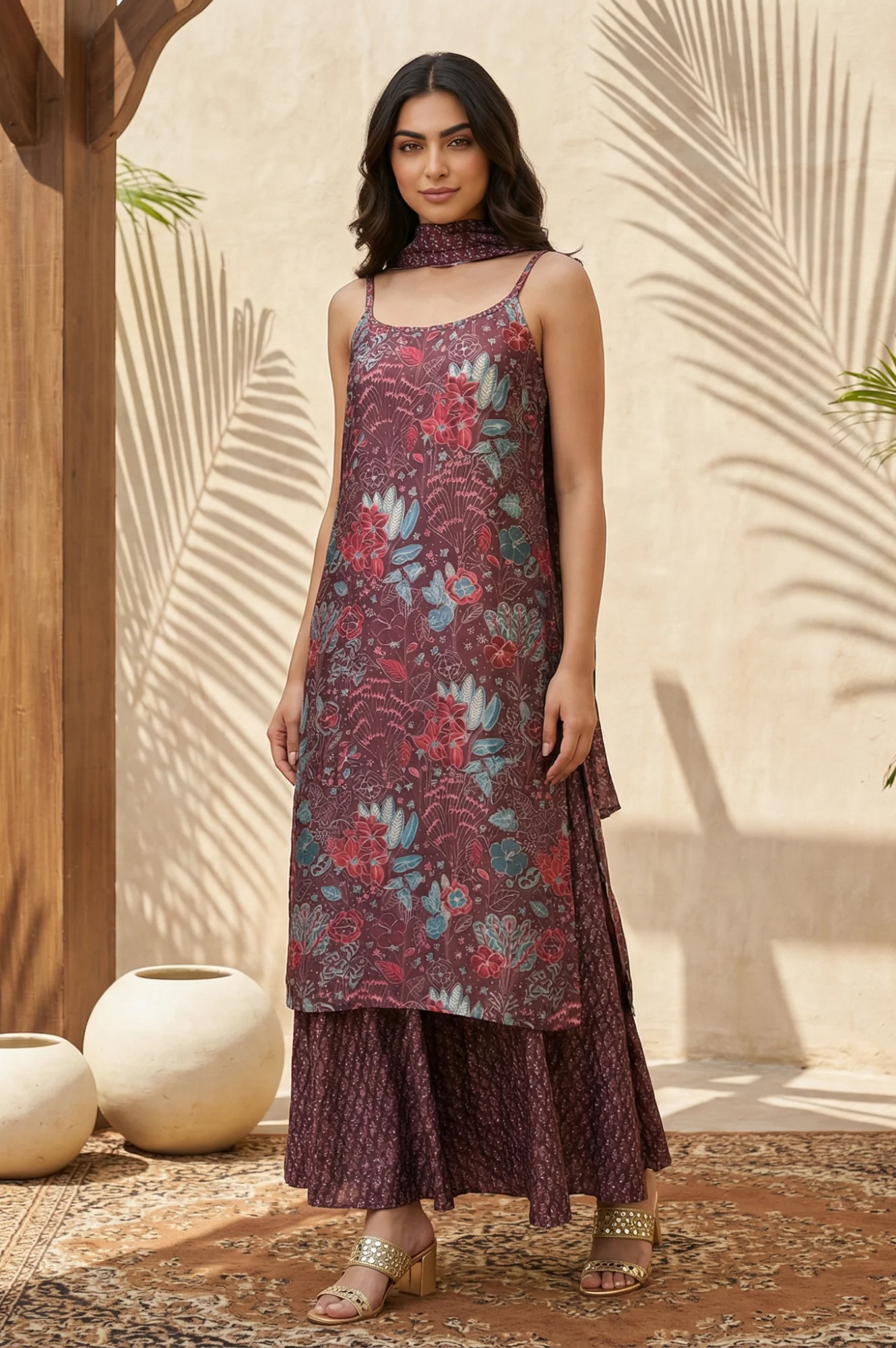 Maroon Floral Printed Japanese Satin A-line Kurta with Sharara and Dupatta Set - Image 3