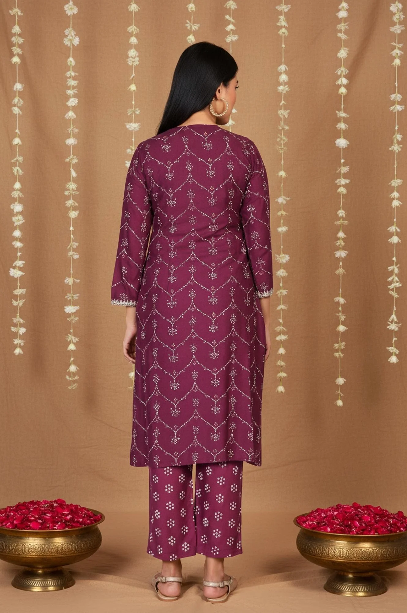 Purple Bandhani Printed Embroidered Straight Rayon Kurta and Straight Pant Co-ord Set - Image 5