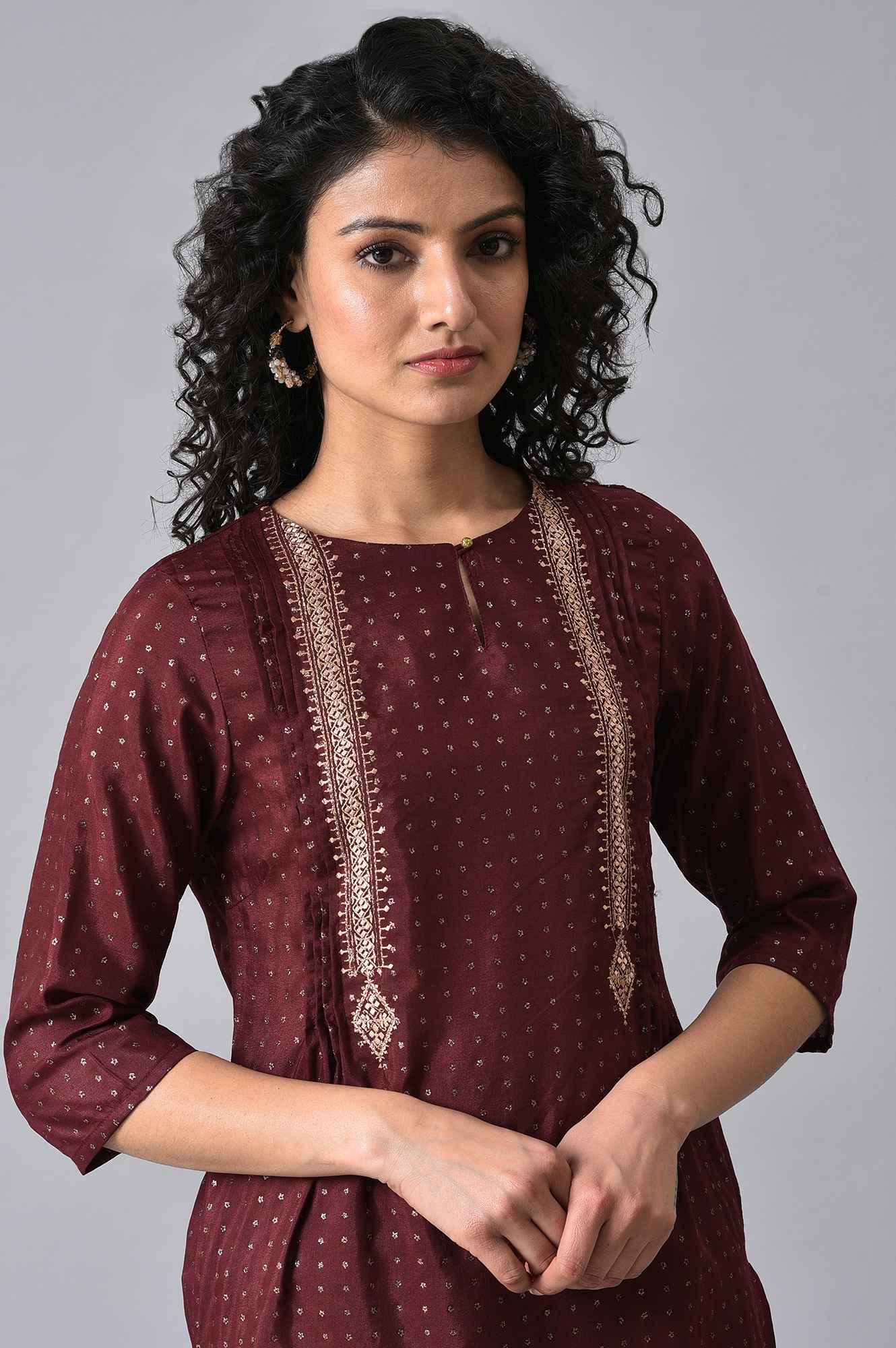 Maroon Gold Glitter Printed kurta - Image 5