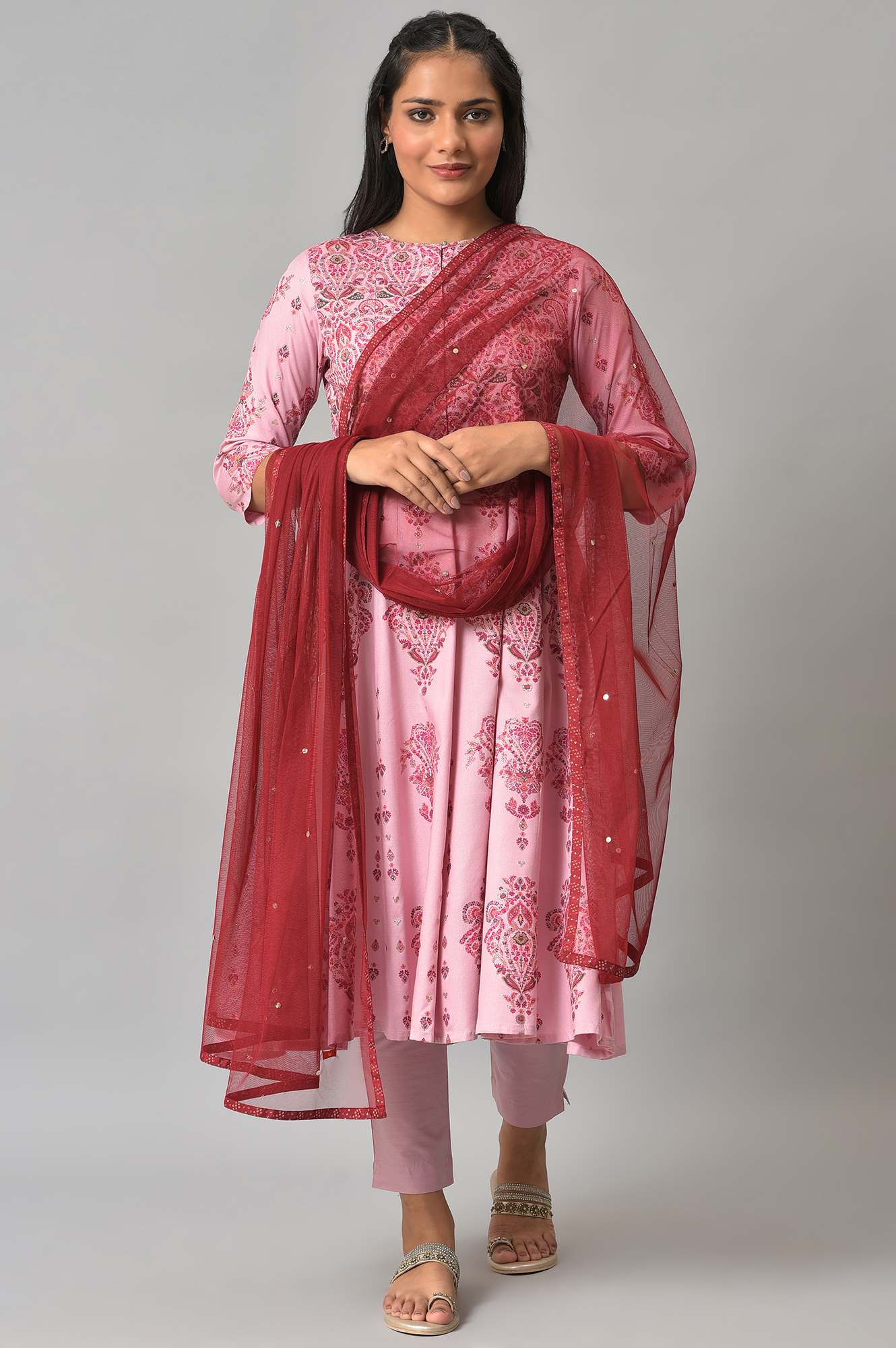 Maroon Mesh Dupatta With Printed Border - Image 2