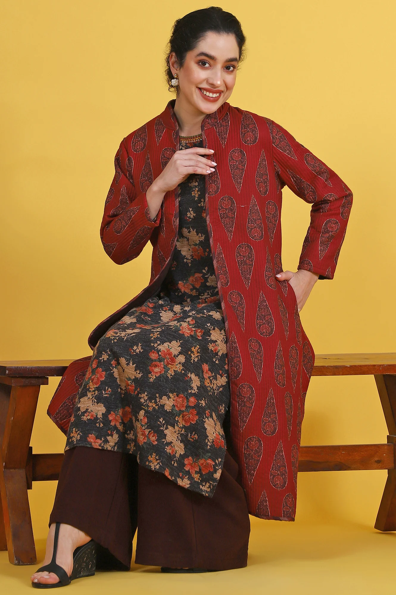 Maroon Paisley Printed Twill Straight Coat - Image 2