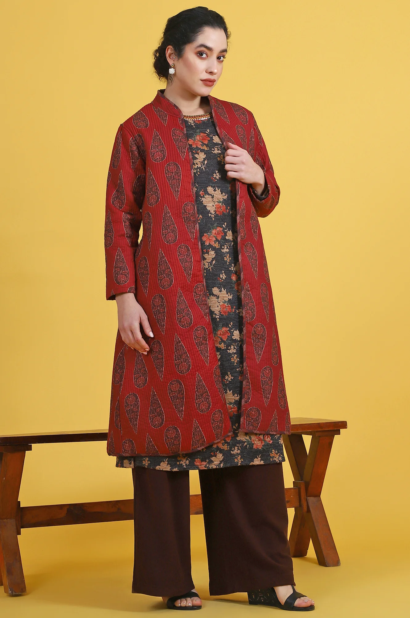 Maroon Paisley Printed Twill Straight Coat - Image 6