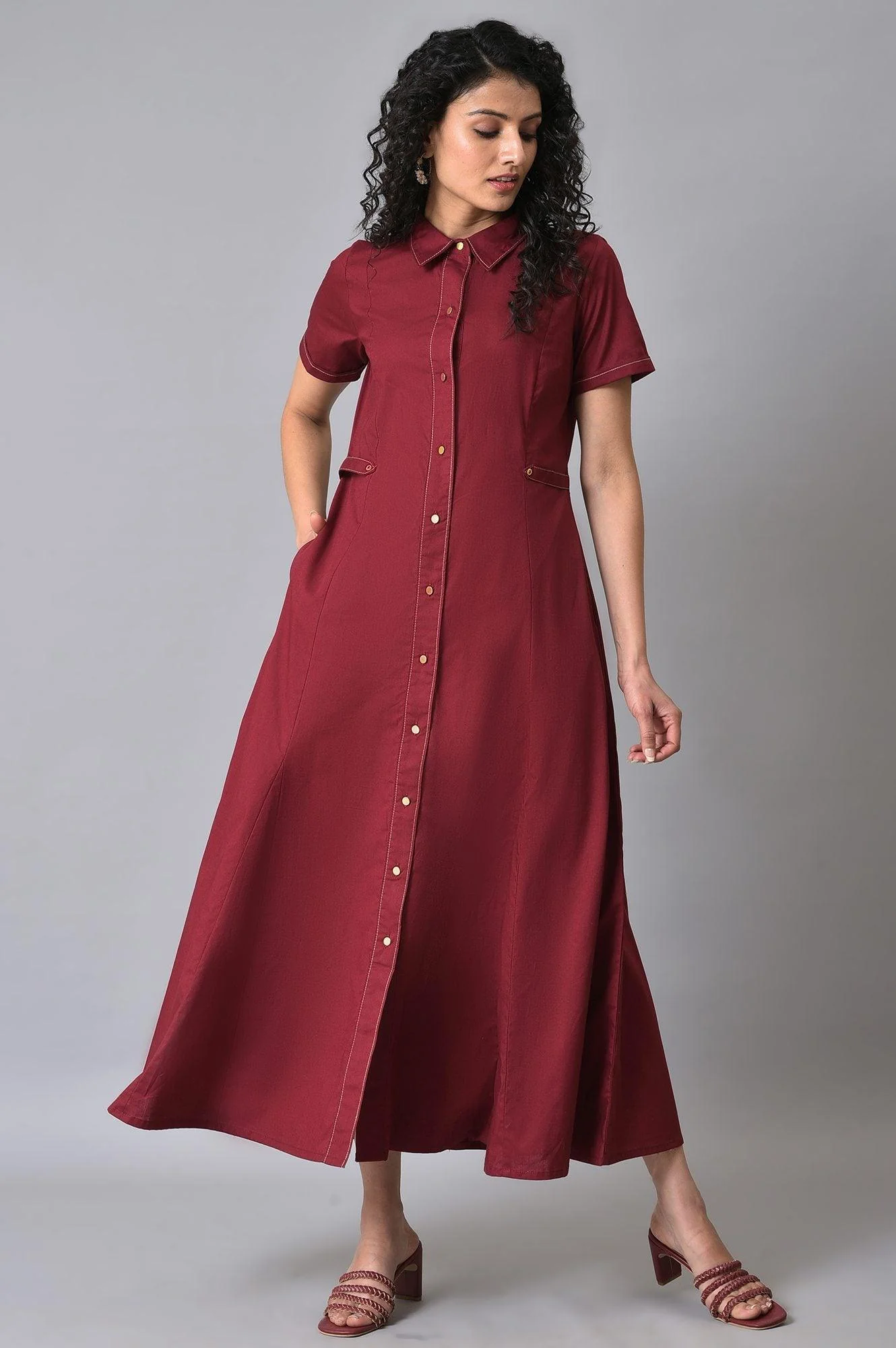 Maroon Cotton Plus Size Shirt Dress - Image 6
