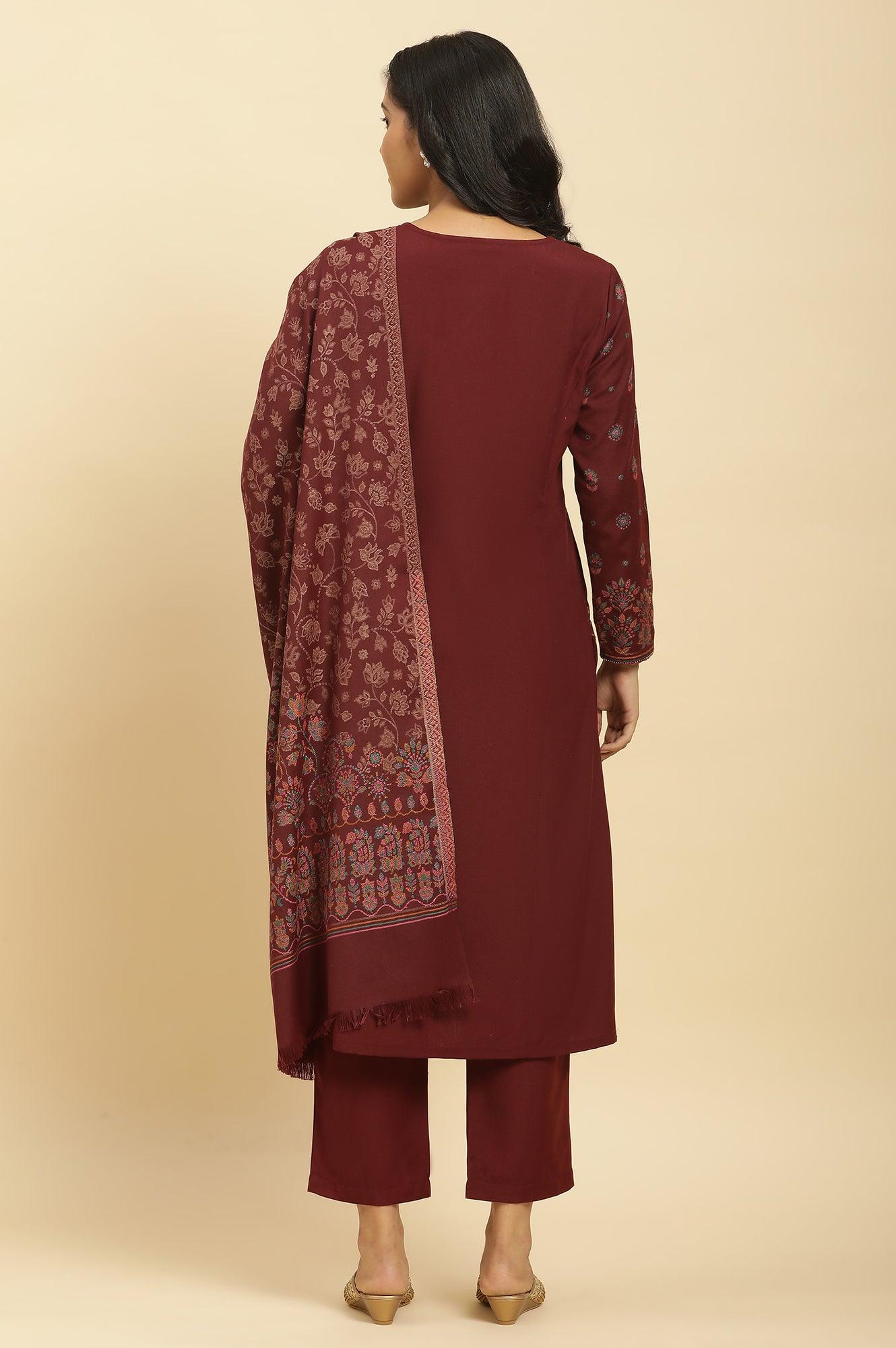 Maroon Printed Acrylic Kurta, Pants And Shawl Set - Image 4