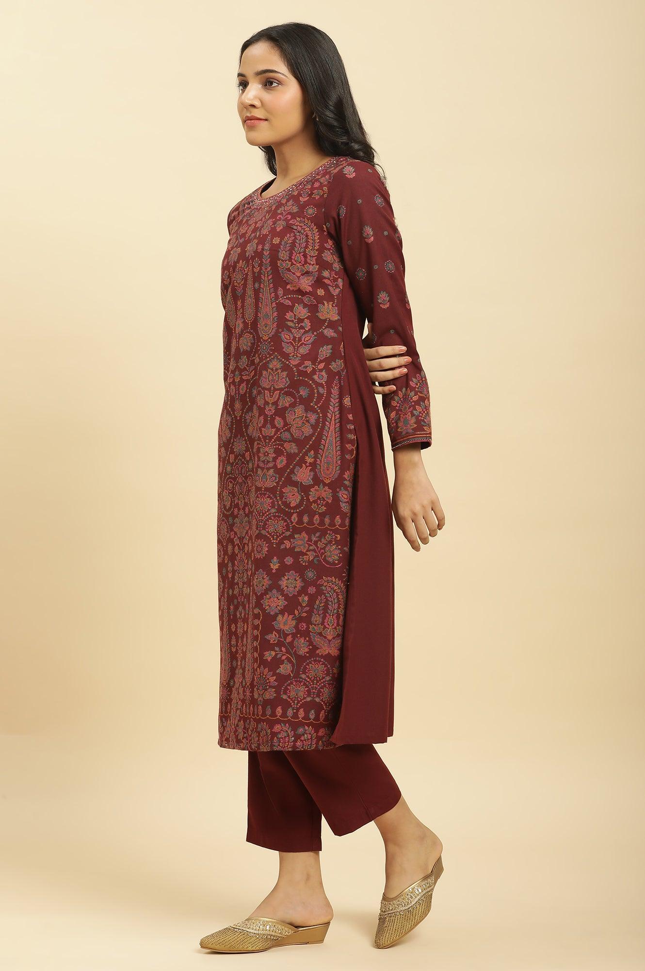 Maroon Printed Acrylic Kurta, Pants And Shawl Set - Image 5