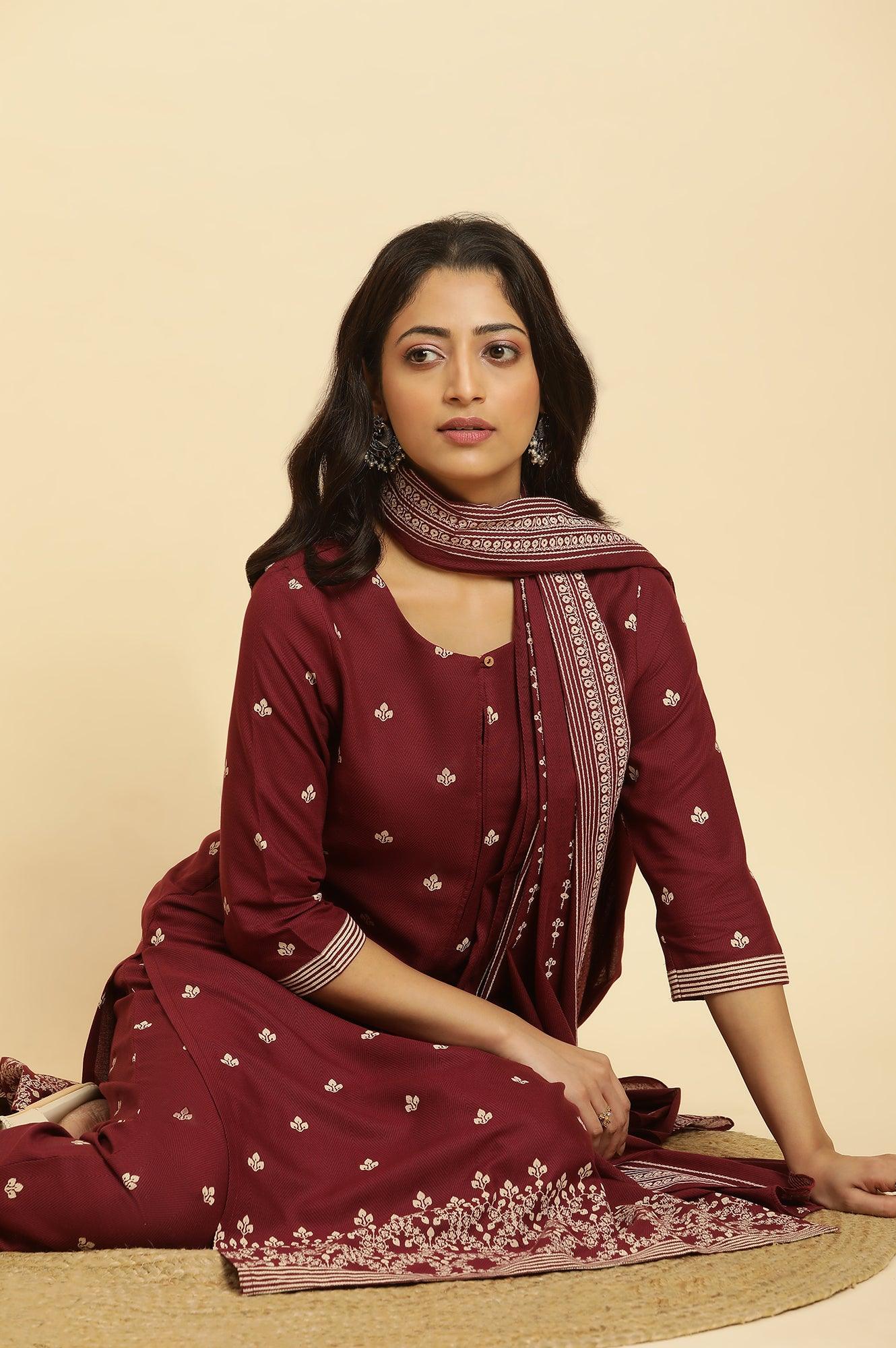 Maroon Printed Kurta, Pants And Dupatta Set
