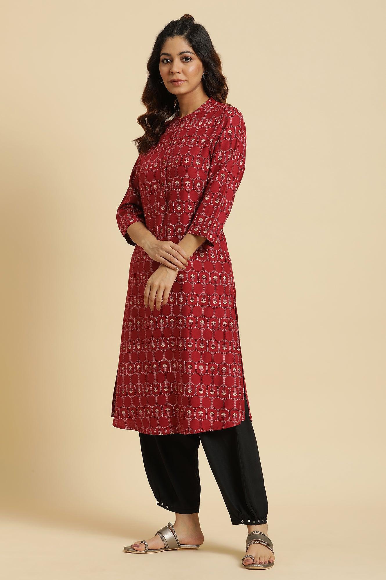Maroon Printed Mandarin Collar Kurta - Image 3