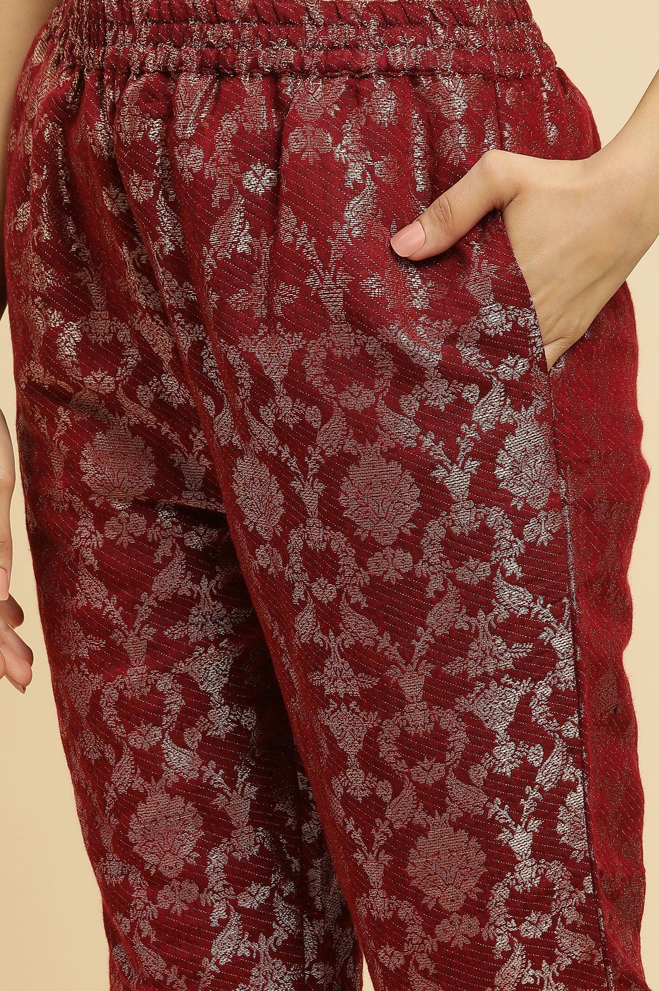 Maroon Rayon Jacquard Kurta and Pants Festive Set - Image 10
