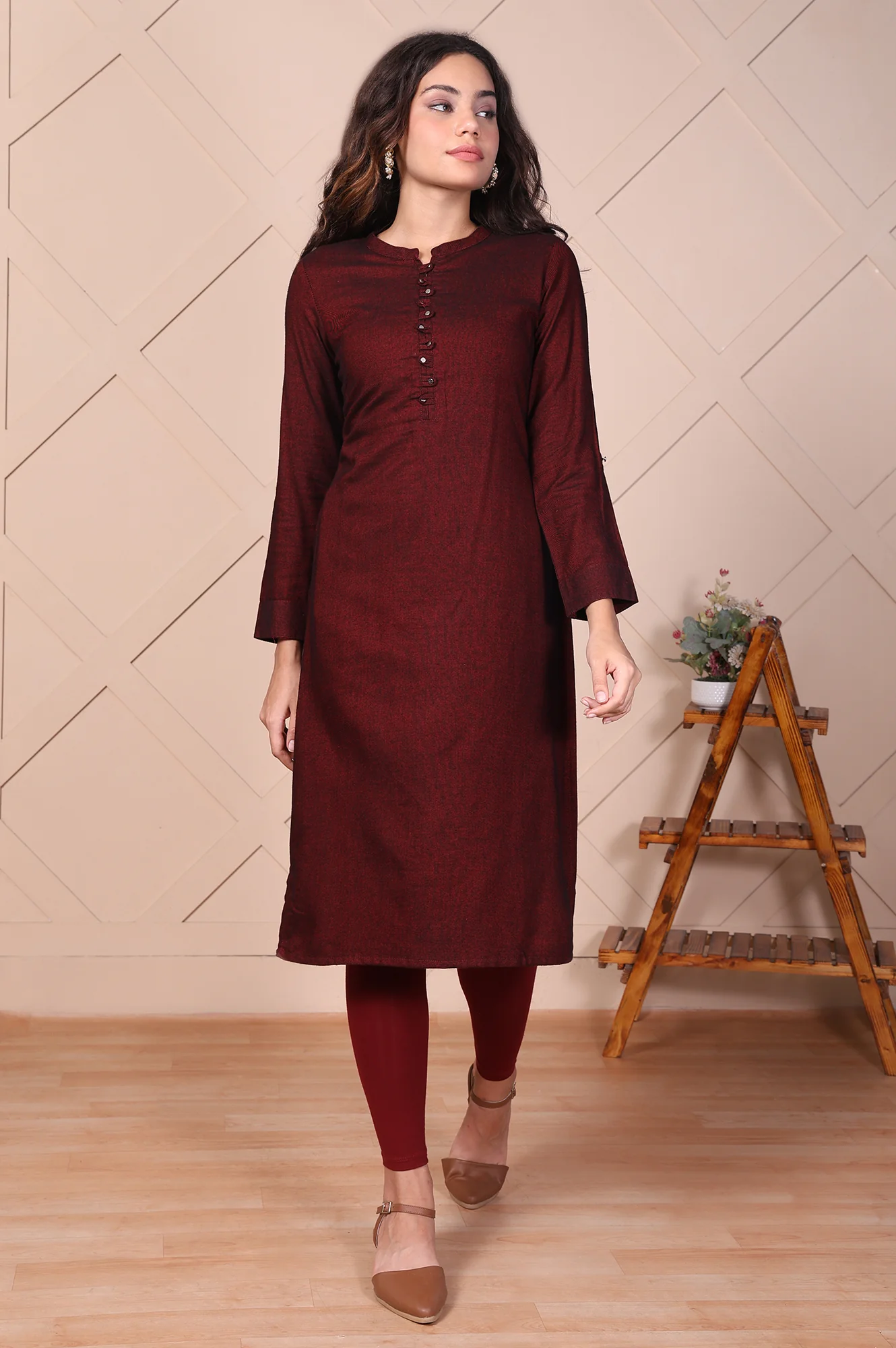 Maroon Solid Ankle-Length Cotton Leggings - Image 5