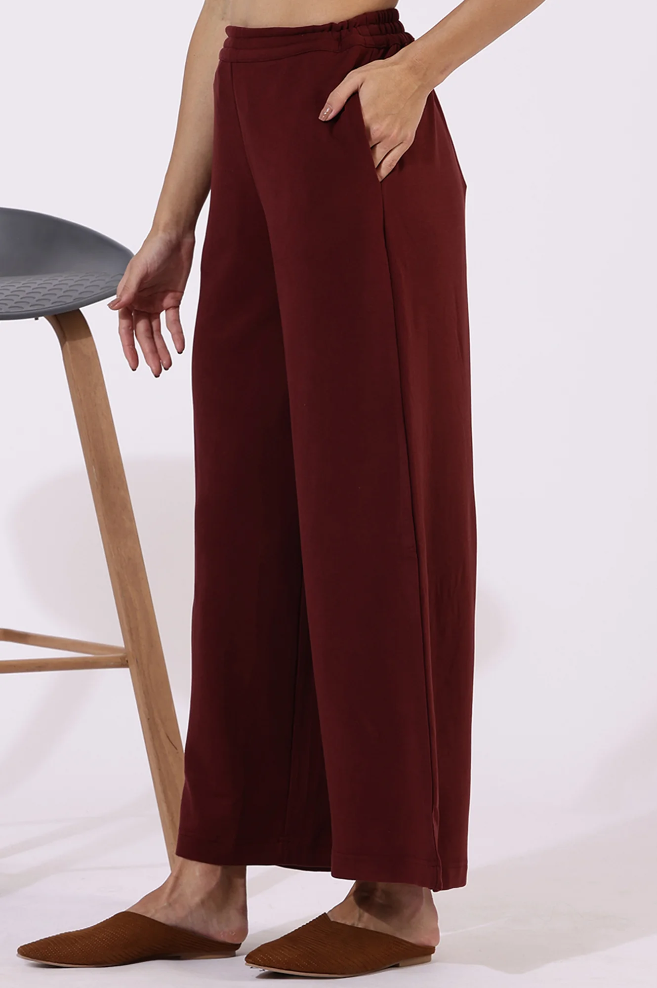 Maroon Solid Cashmere Ankle Length Wide Leg Parallel Pants - Image 3