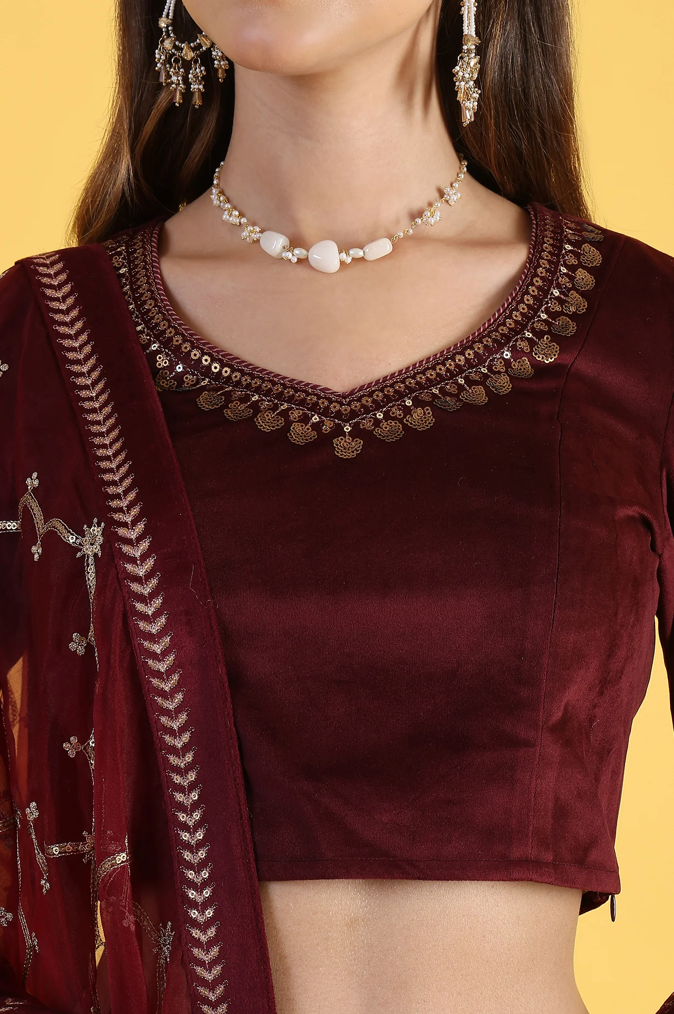 Maroon Solid Metallic Embroidery Flarred Top & Skirt with Dupatta Set - Image 3