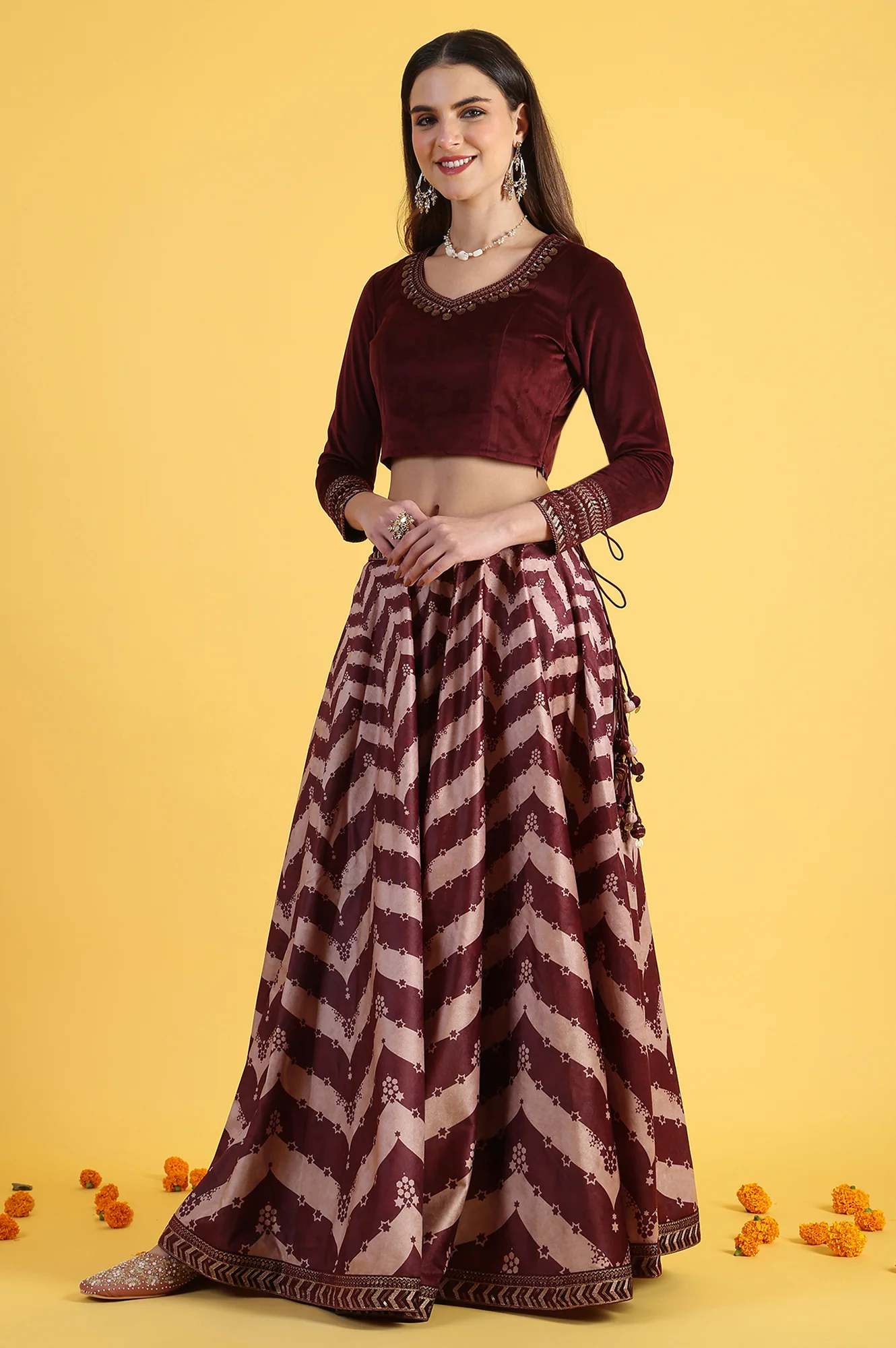 Maroon Solid Metallic Embroidery Flarred Top & Skirt with Dupatta Set - Image 4