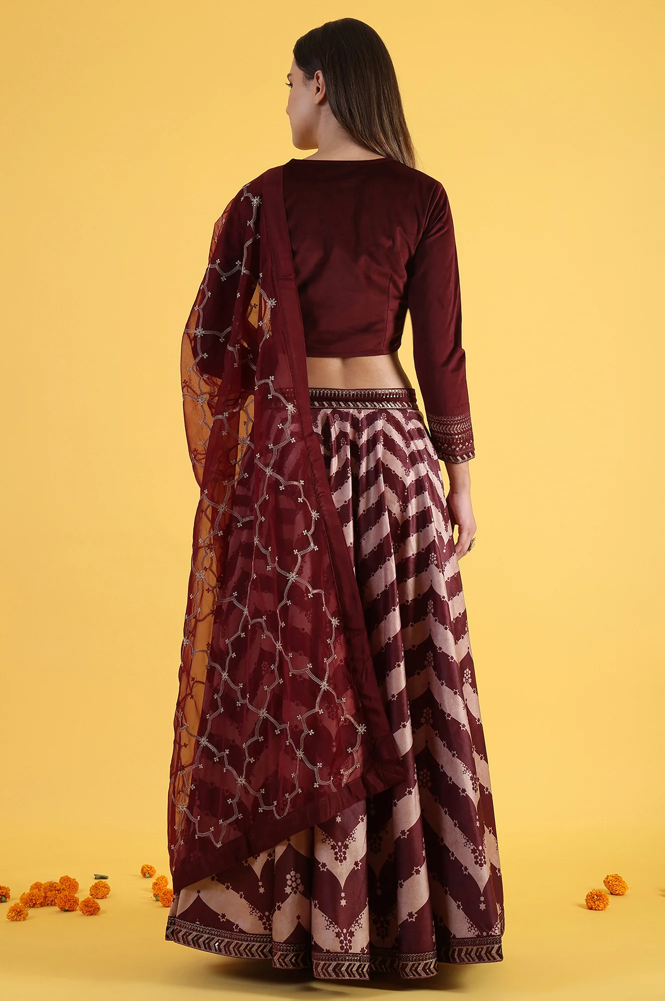 Maroon Solid Metallic Embroidery Flarred Top & Skirt with Dupatta Set - Image 5
