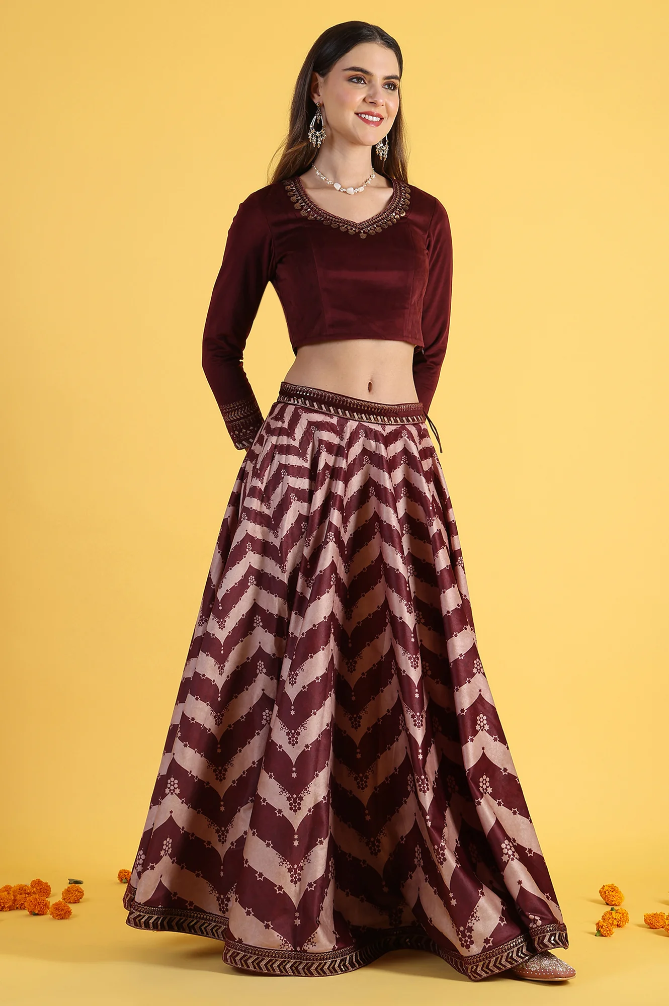 Maroon Solid Metallic Embroidery Flarred Top & Skirt with Dupatta Set - Image 6