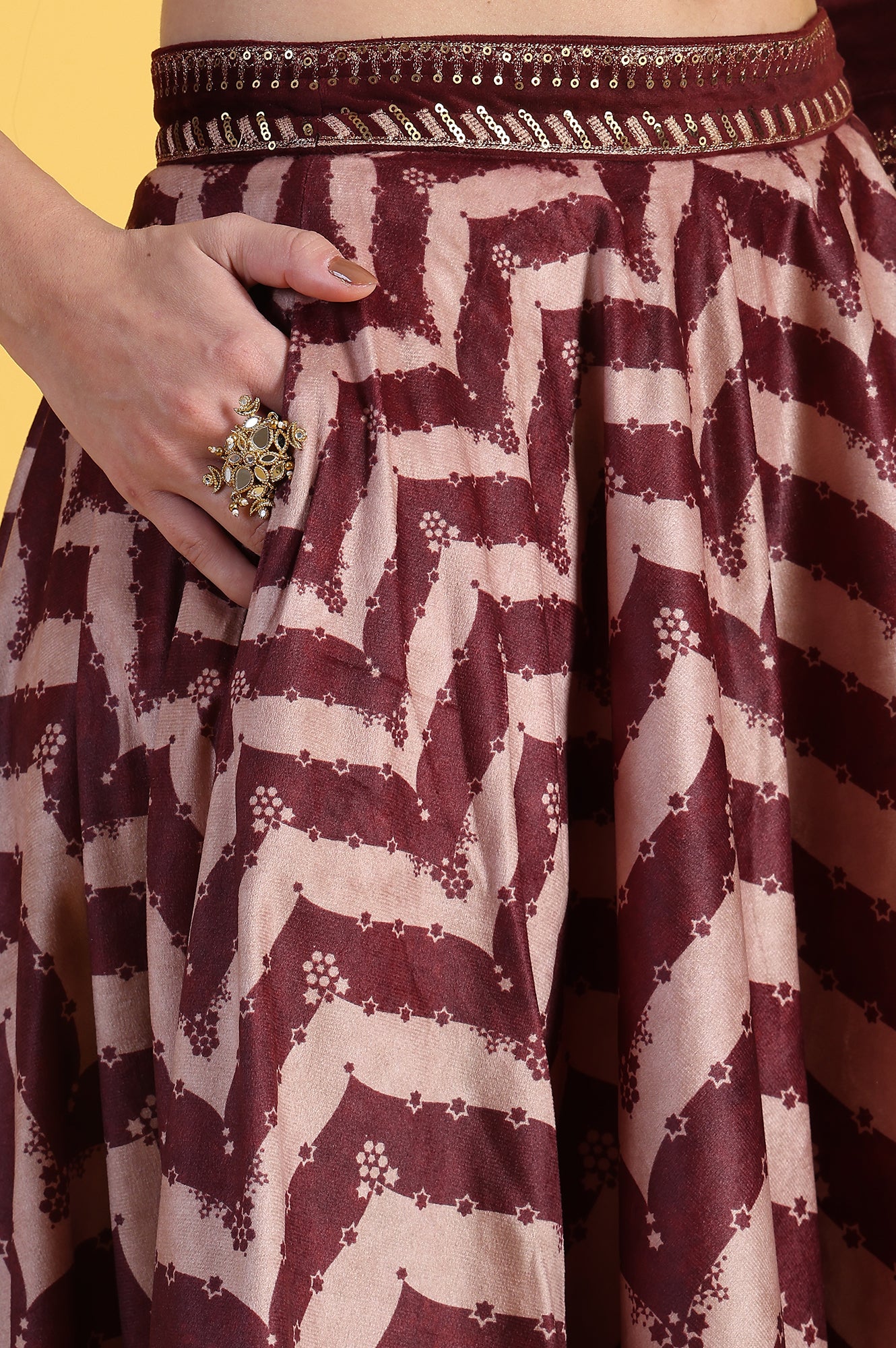 Maroon Solid Metallic Embroidery Flarred Top & Skirt with Dupatta Set - Image 9