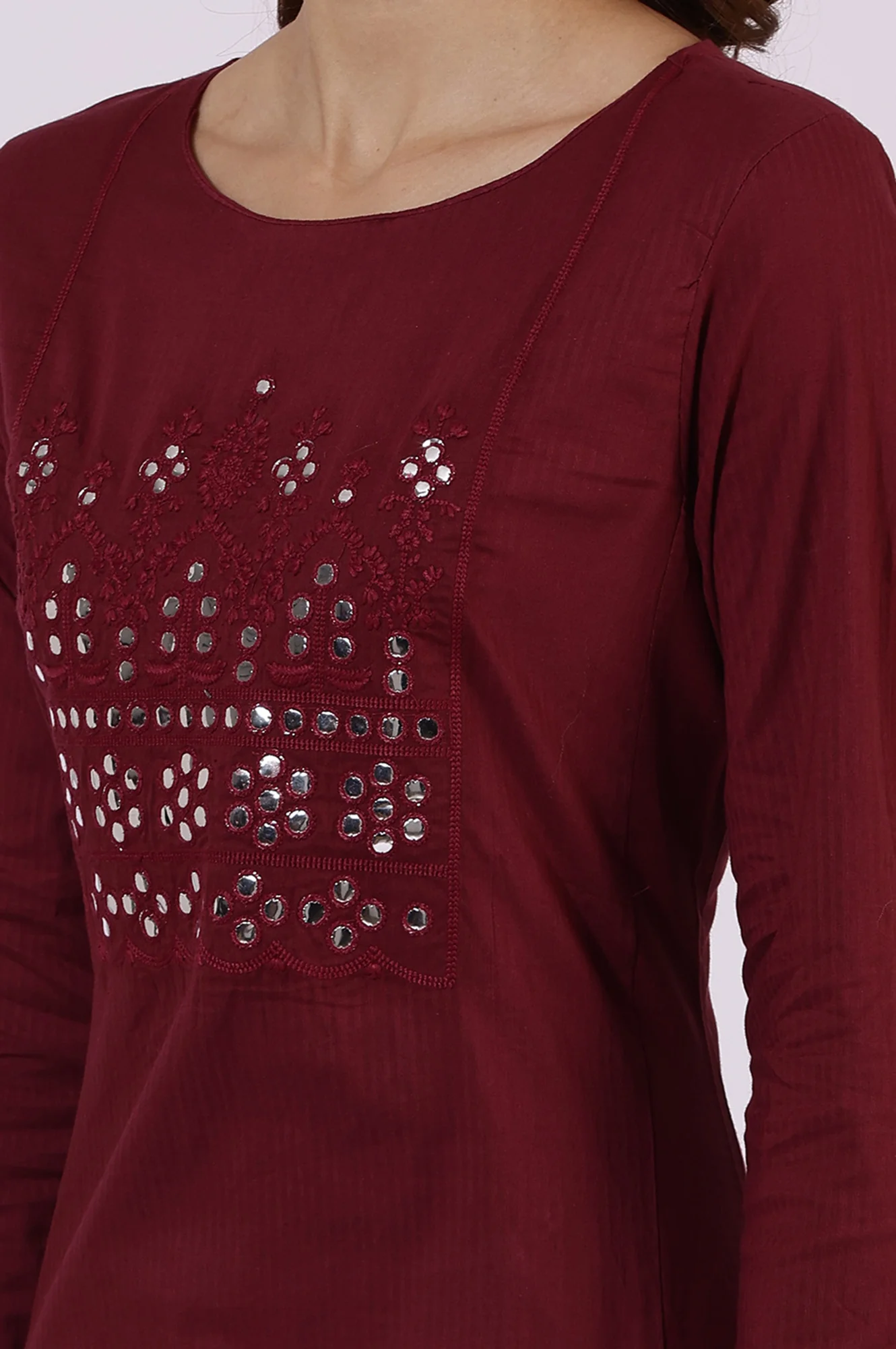 Maroon Solid Mirror Work Pure Cotton Straight Kurta - Image 3